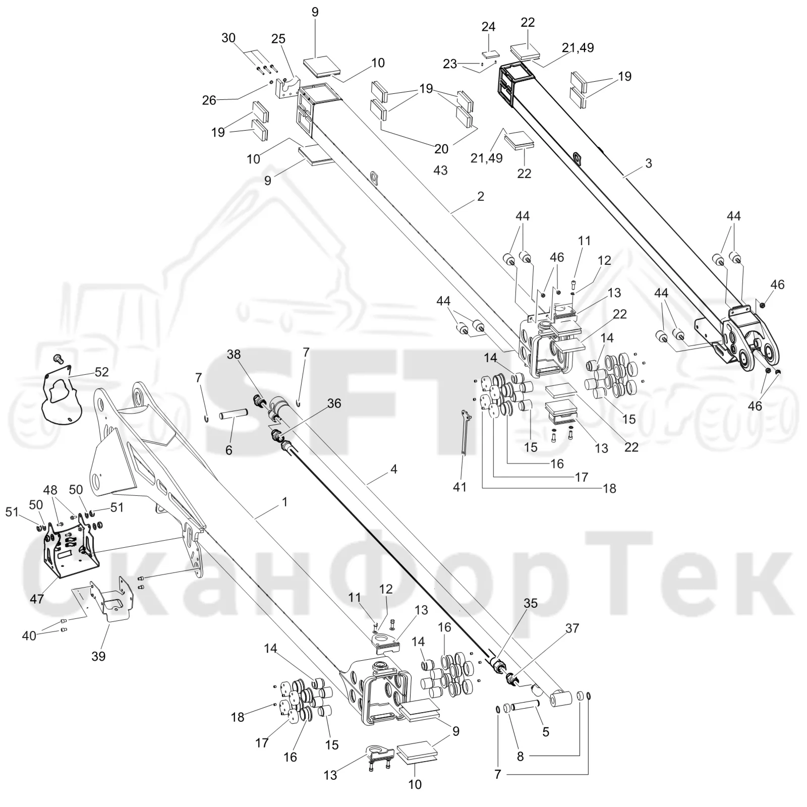 Схема: Komatsu / Лесозаготовительные машины / 911 S/N 9110062167- / Каталог запасных частей / Подъемный кран 200H / Стрела, наружная / Стрела, наружная DT 9110062361-