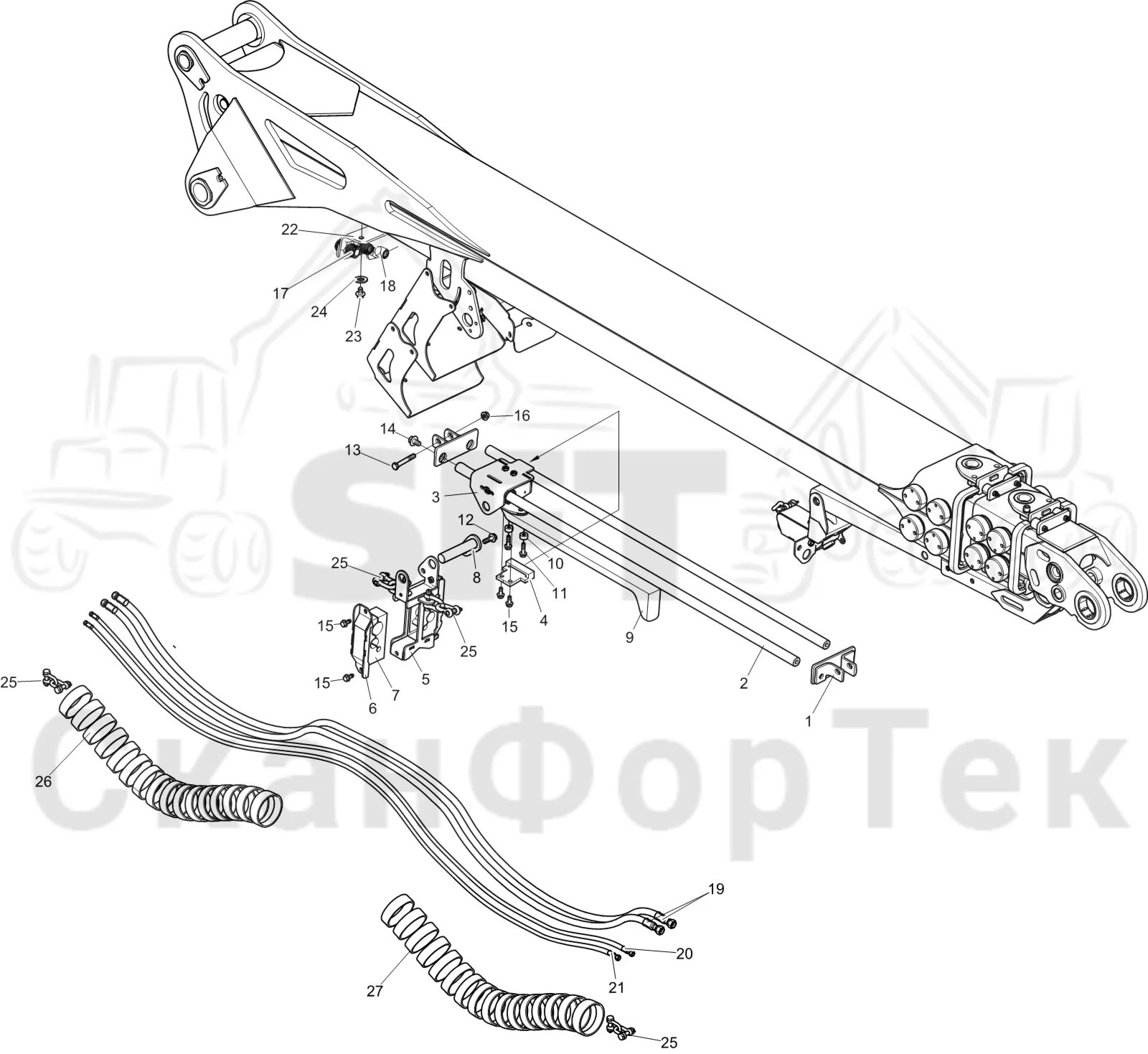 Схема: Komatsu / Лесозаготовительные машины / 911 S/N 9110062167- / Каталог запасных частей / Подъемный кран 200H / Телескопическая стрела / Трубы и шланги DT