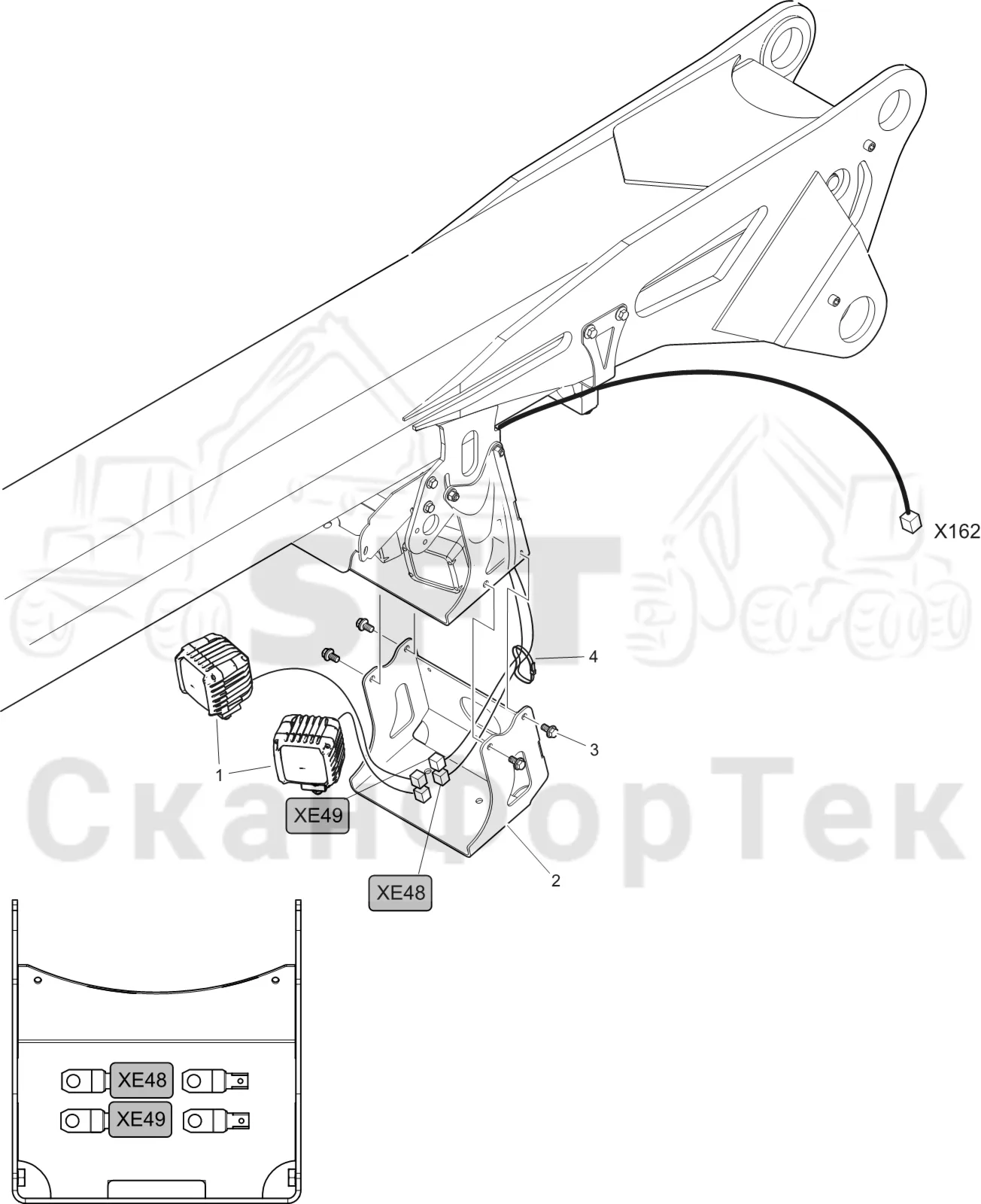 Схема: Komatsu / Лесозаготовительные машины / 911 S/N 9110062167- / Каталог запасных частей / Подъемный кран 200H / Рабочие лампы / Рабочие лампы LED