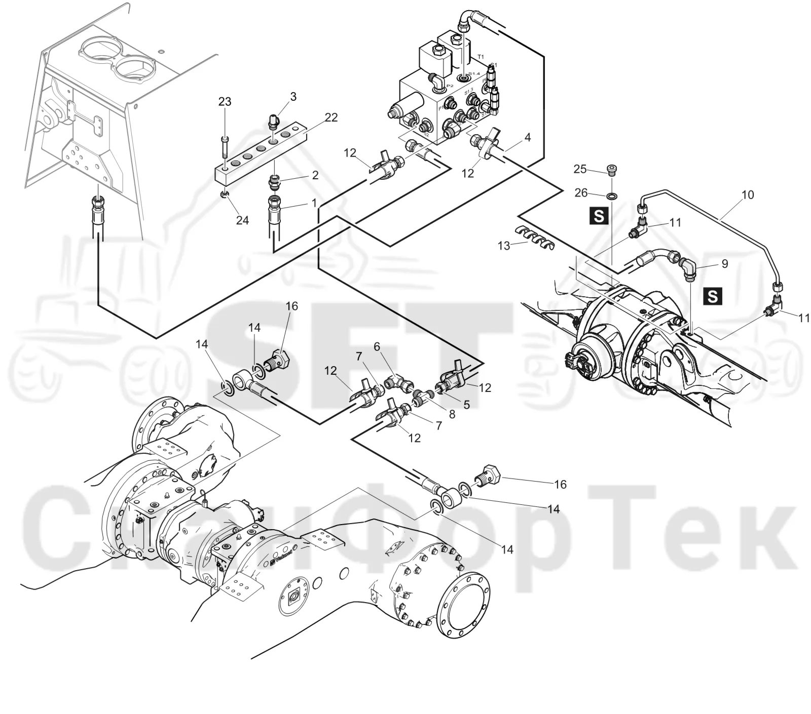 Схема: Komatsu / Лесозаготовительные машины / 911 S/N 9112062167- / Каталог запасных частей / Тормоза / Тормоза на 6 колес / Полноприводная тормозная система на 6 колес гидравлика