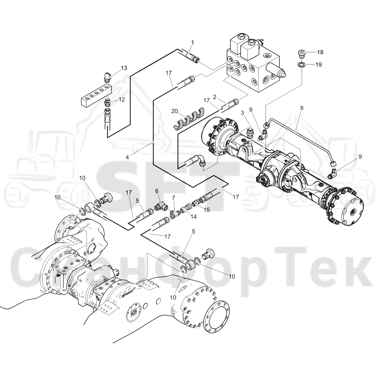 Схема: Komatsu / Лесозаготовительные машины / 931 S/N 9310021067- / Каталог запасных частей / Тормоза / Тормоза на 6 колес / Гидравлический стояночный тормоз на 6 колес