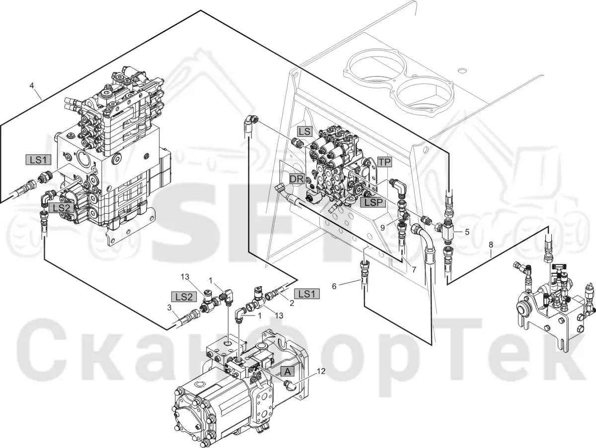 Схема: Komatsu / Лесозаготовительные машины / 911 S/N 9112062167- / Каталог запасных частей / Гидравлика / Гидравлические насосы / Сигнал LS линии гидравлики