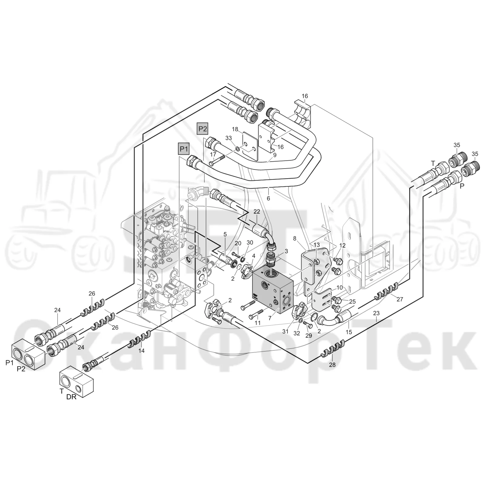 Схема: Komatsu / Лесозаготовительные машины / 931XC S/N 9313021208- / Каталог запасных частей / Гидравлика / Клапан подъемного крана / Система впуска-выпуска
