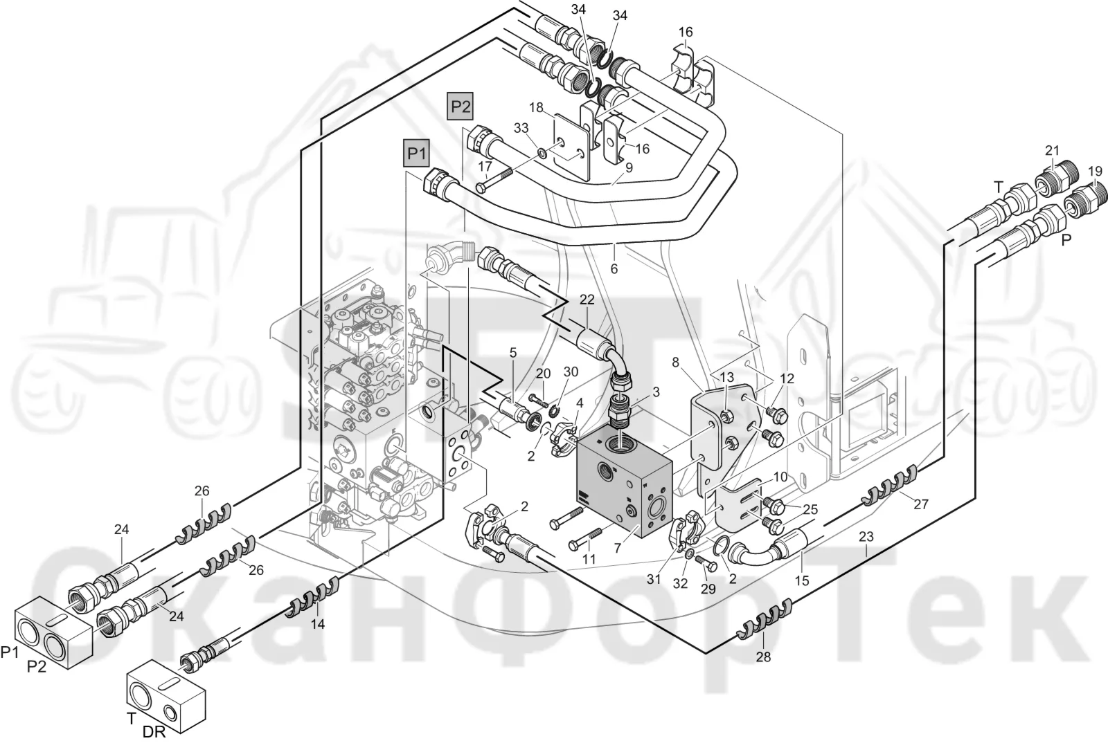 Схема: Komatsu / Лесозаготовительные машины / 931 S/N 9310021067- / Каталог запасных частей / Гидравлика / Клапан подъемного крана / Система впуска-выпуска