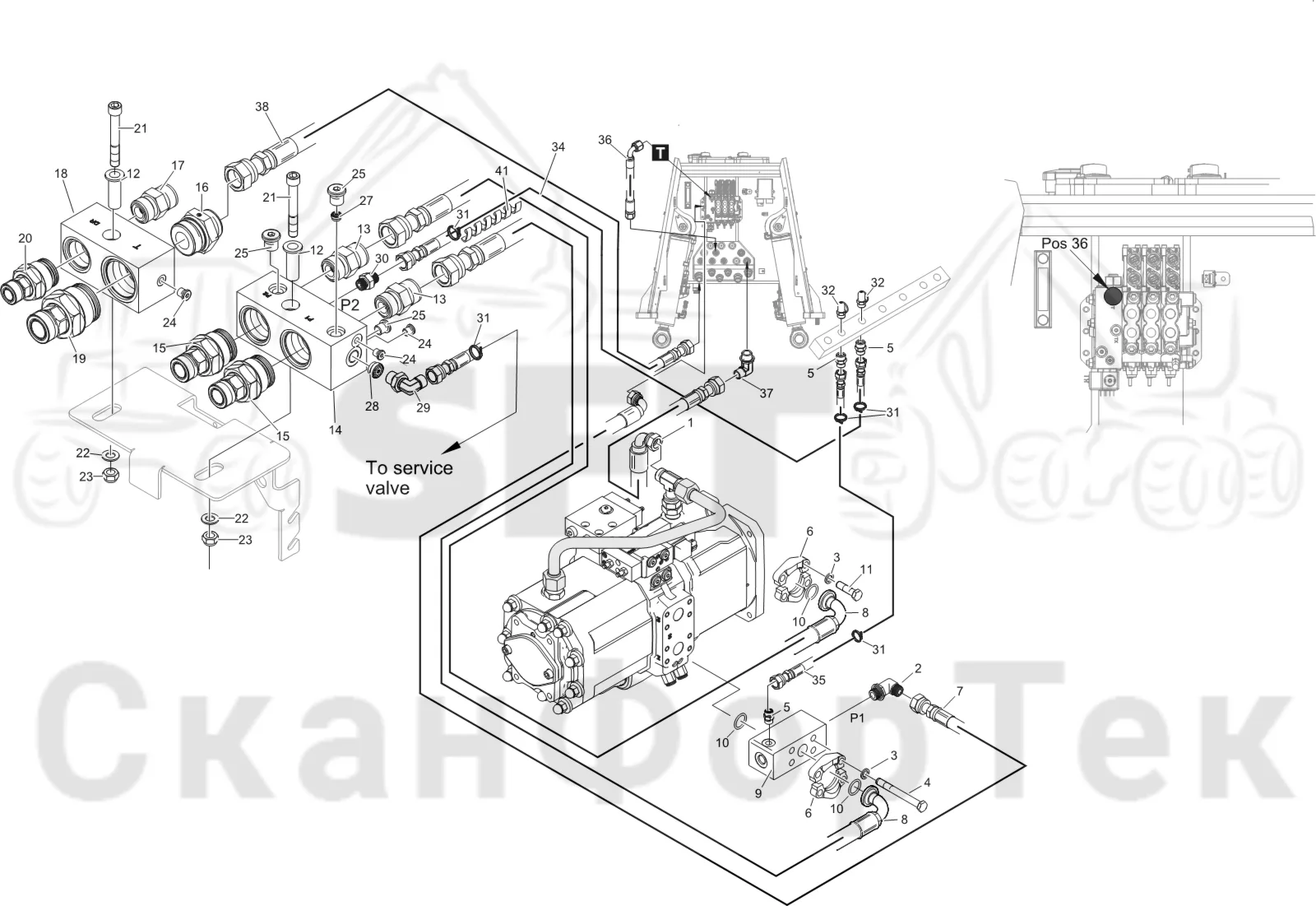 Схема: Komatsu / Лесозаготовительные машины / 931 S/N 9310021067- / Каталог запасных частей / Гидравлика / Клапан подъемного крана / Система впуска 9310021733-