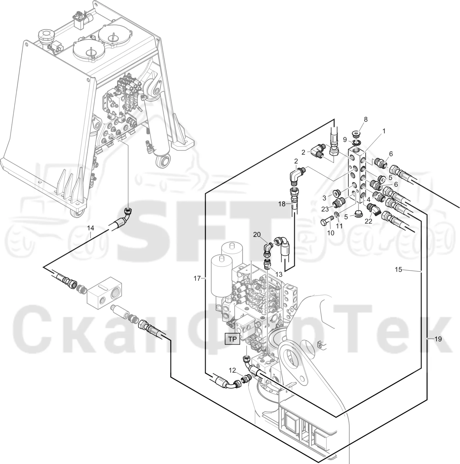 Схема: Komatsu / Лесозаготовительные машины / 911 S/N 9112062167- / Каталог запасных частей / Гидравлика / Клапан подъемного крана / Дренаж