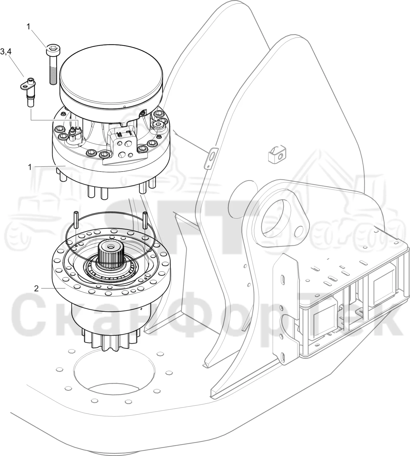 Схема: Komatsu / Лесозаготовительные машины / 931 S/N 9310021067- / Каталог запасных частей / Подъемный кран 230H / Поворотное оборудование кабины / Поворотный механизм