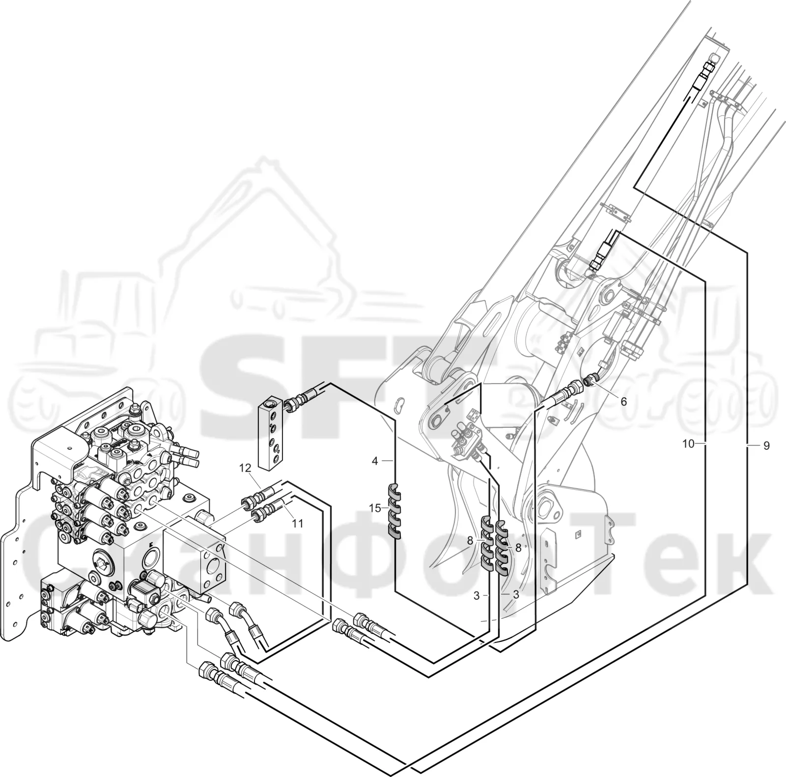 Схема: Komatsu / Лесозаготовительные машины / 911 S/N 9112062167- / Каталог запасных частей / Подъемный кран 230H / Основная стрела / Подвод шланга