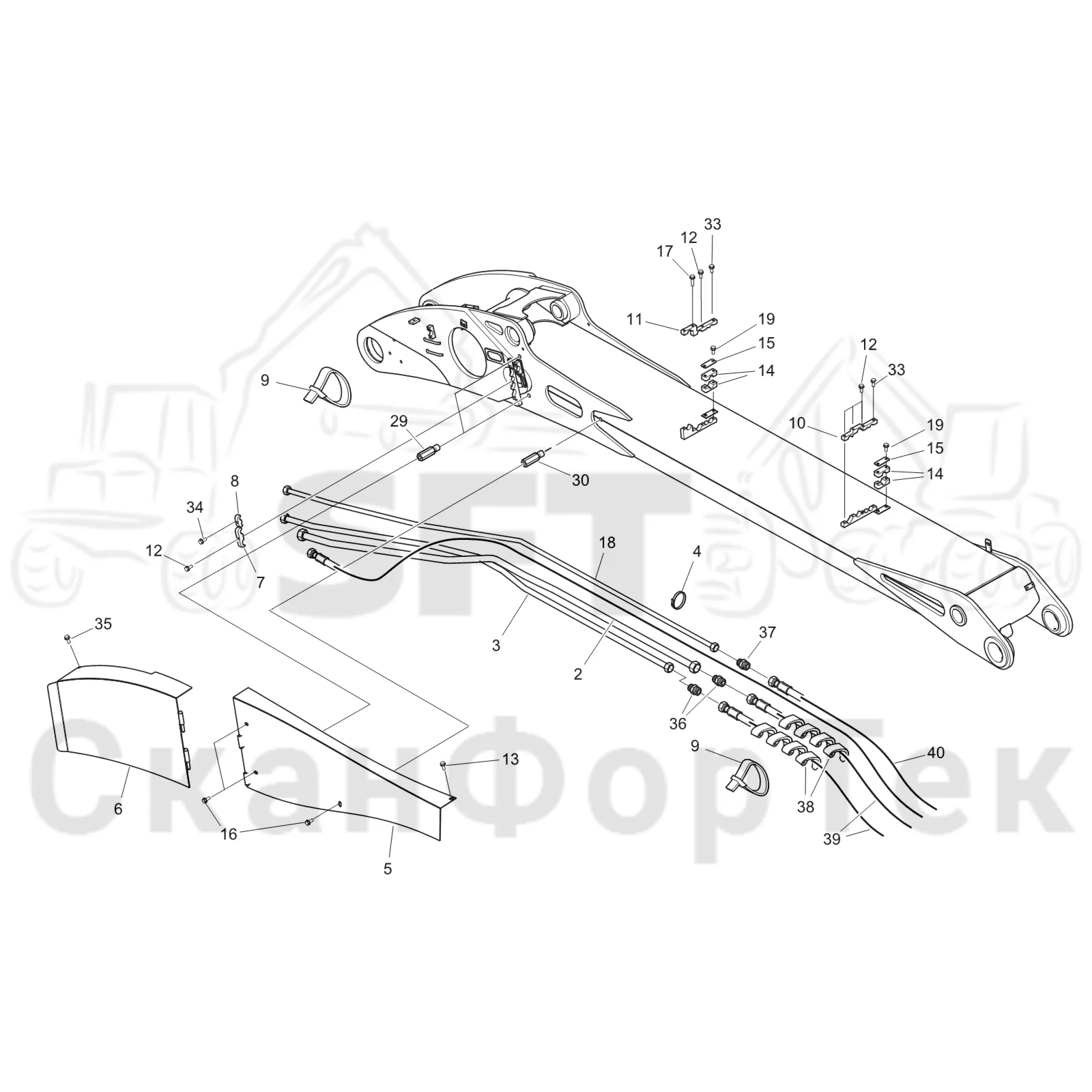 Схема: Komatsu / Лесозаготовительные машины / 931 S/N 9310021067- / Каталог запасных частей / Подъемный кран 230H / Основная стрела / Основная стрела. Гидравлика 9310021761-