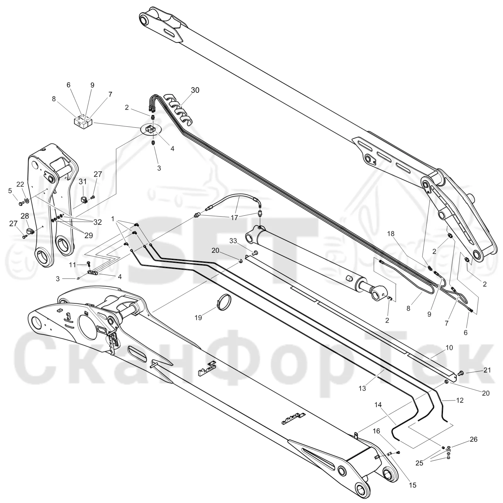 Схема: Komatsu / Лесозаготовительные машины / 931XC S/N 9313021208- / Каталог запасных частей / Подъемный кран 230H / Основная стрела / Центральная смазка