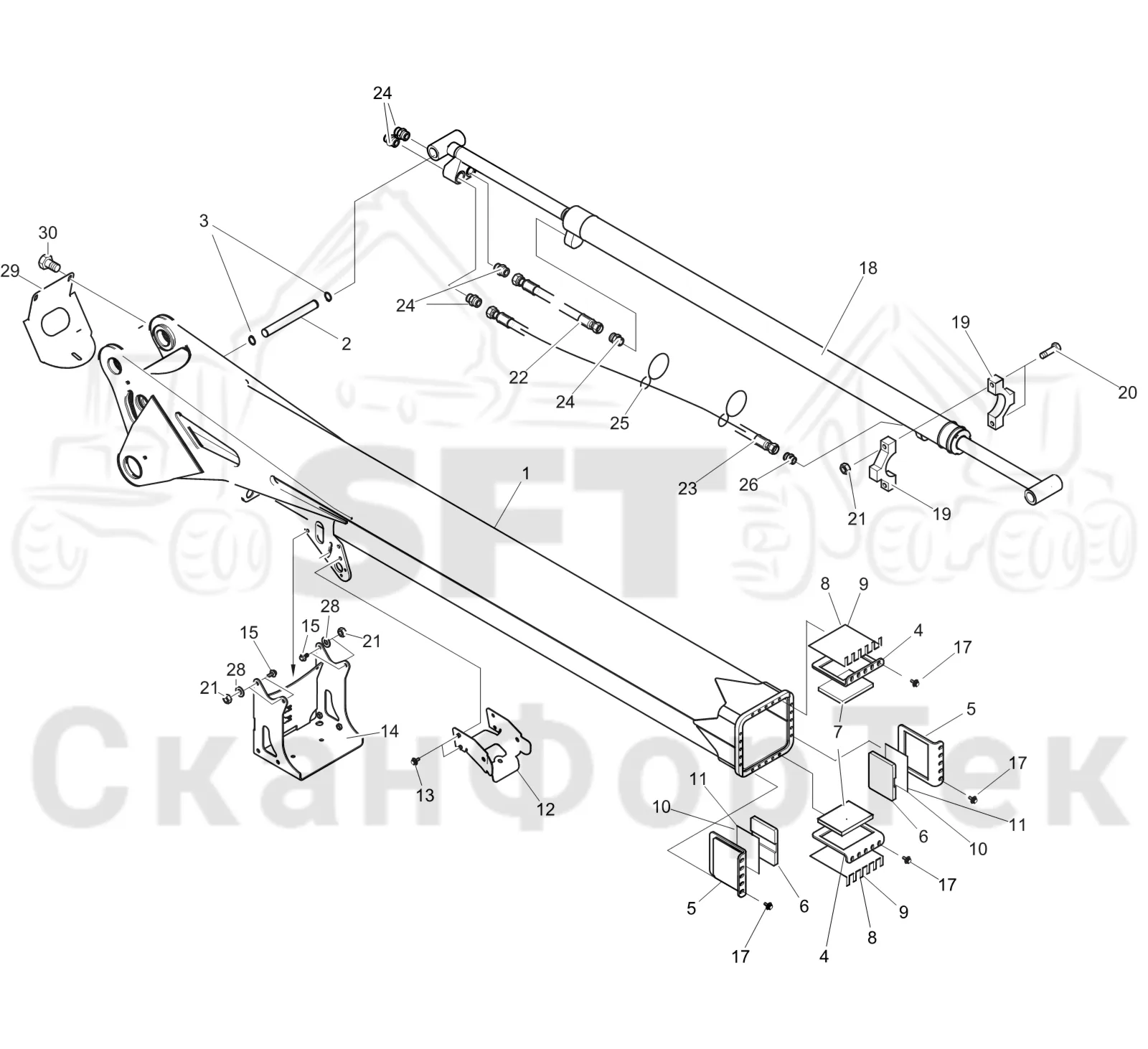 Схема: Komatsu / Лесозаготовительные машины / 931XC S/N 9313021208- / Каталог запасных частей / Подъемный кран 230H / Стрела, наружная / Стрела, наружная 10m