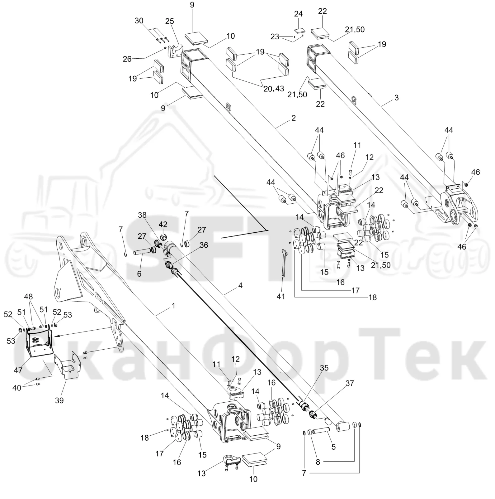 Схема: Komatsu / Лесозаготовительные машины / 911 S/N 9112062167- / Каталог запасных частей / Подъемный кран 230H / Стрела, наружная / Стрела, наружная DT