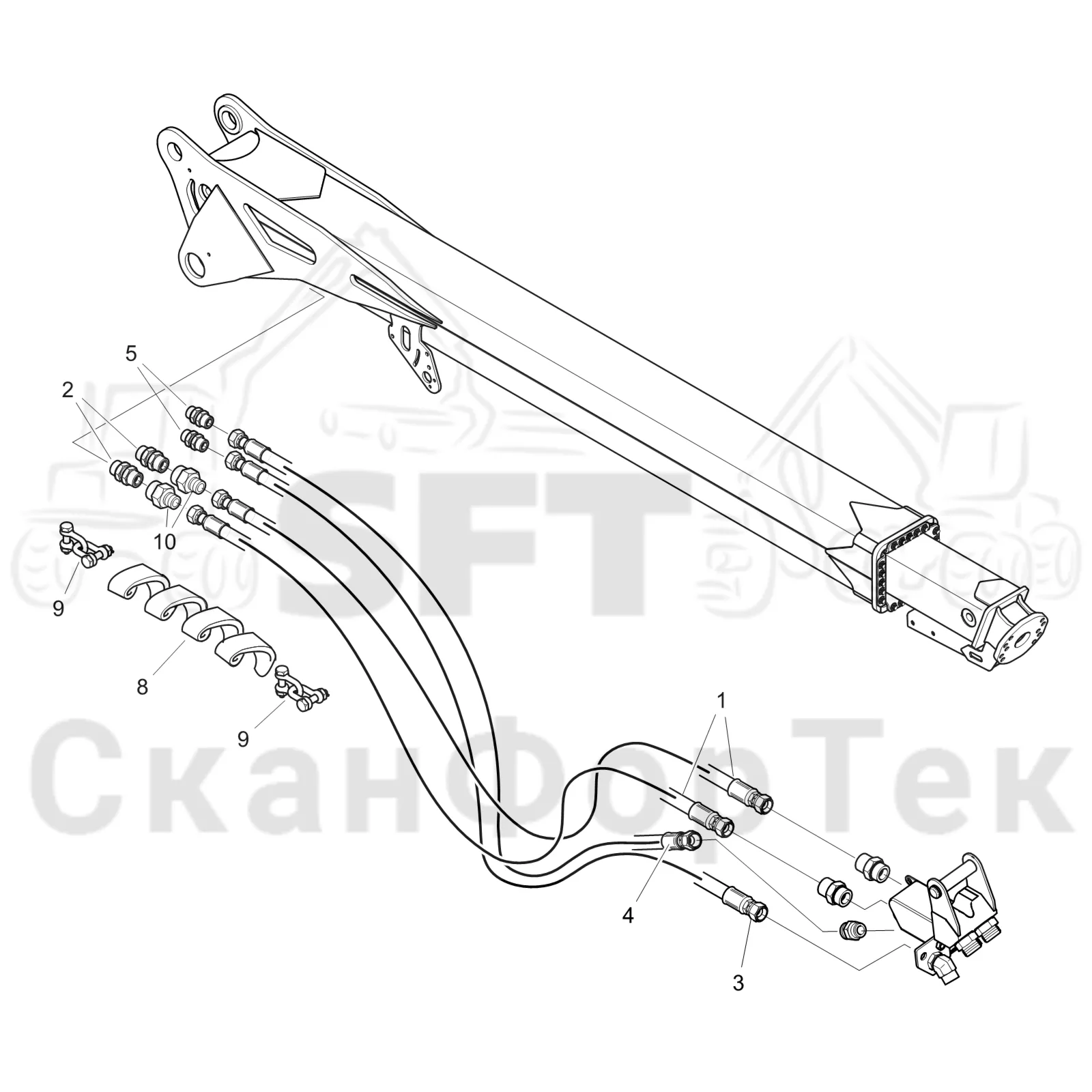 Схема: Komatsu / Лесозаготовительные машины / 931XC S/N 9313021208- / Каталог запасных частей / Подъемный кран 230H / Телескопическая стрела / Трубы и шланги 8,7 m