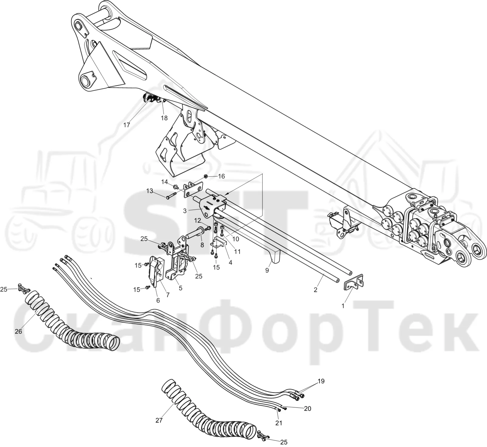 Схема: Komatsu / Лесозаготовительные машины / 931 S/N 9310021067- / Каталог запасных частей / Подъемный кран 230H / Телескопическая стрела / Трубы и шланги DT