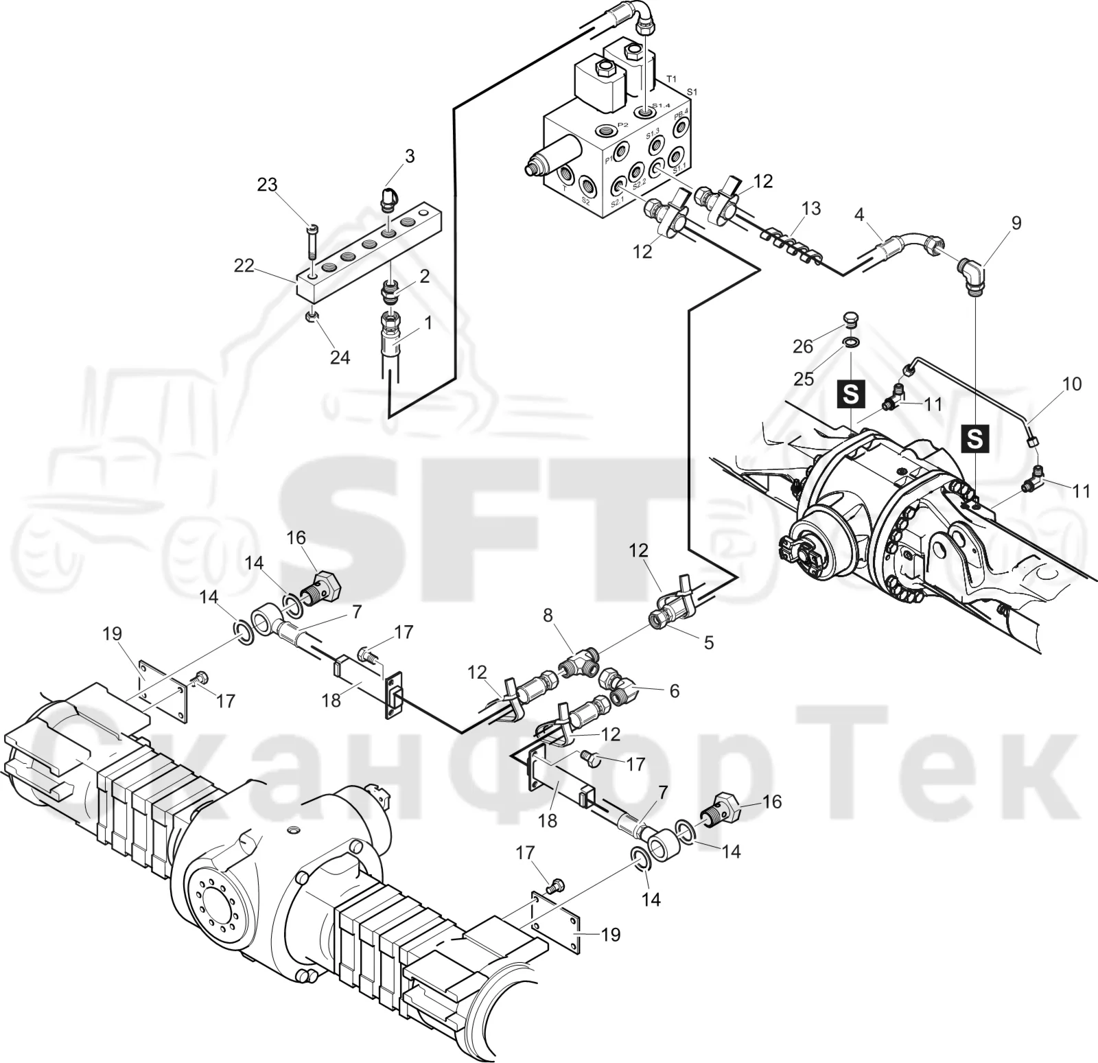 Схема: Komatsu / Лесозаготовительные машины / 911 S/N 9110062167- / Каталог запасных частей / Тормоза / Тормоза на 4 колеса / Гидравлический привод тормозов на 4 колеса