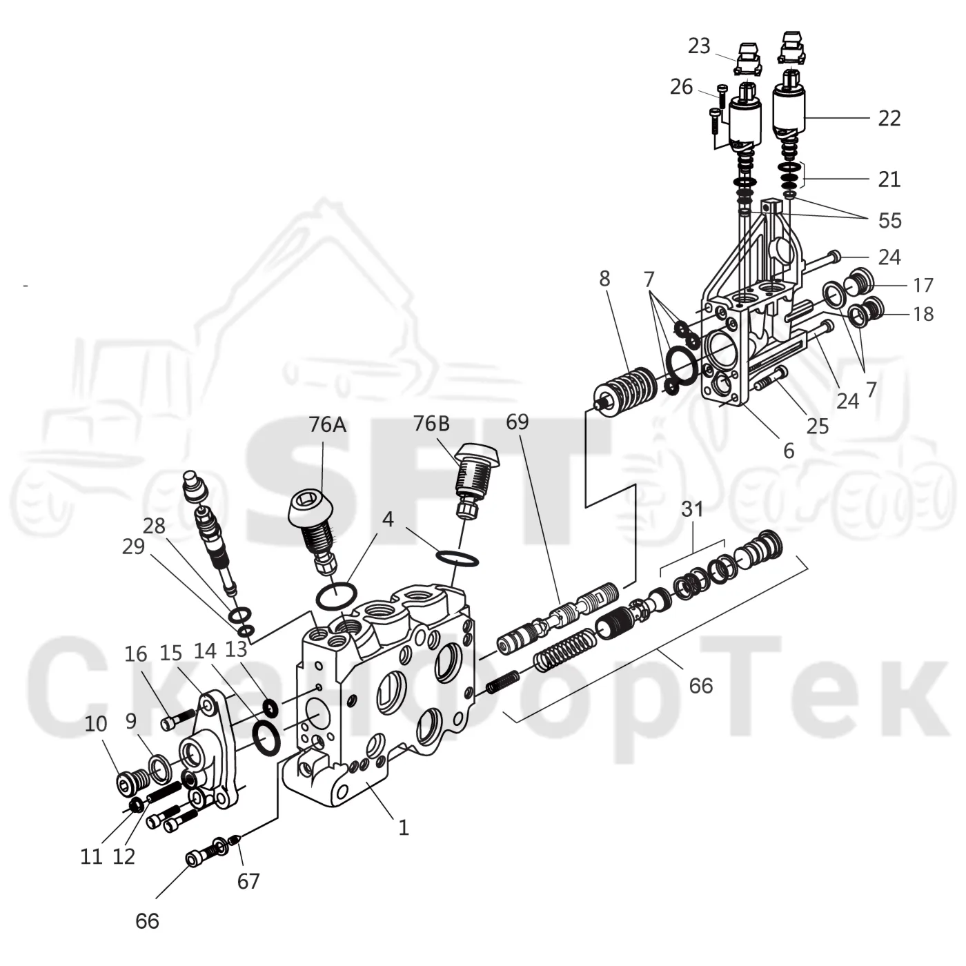 Схема: Komatsu / Лесозаготовительные машины / 911 S/N 9110062167- / Каталог запасных частей / Гидравлика / Клапан шасси / Наклон