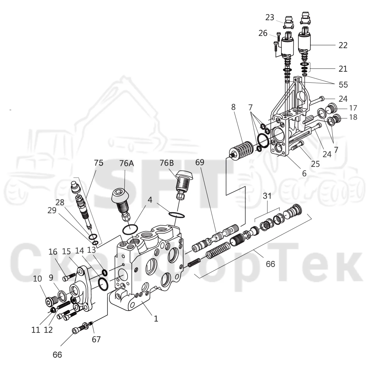 Схема: Komatsu / Лесозаготовительные машины / 901 S/N 9010053267- / Каталог запасных частей / Гидравлика / Клапан шасси / Клапан шасси / Рулевое управление