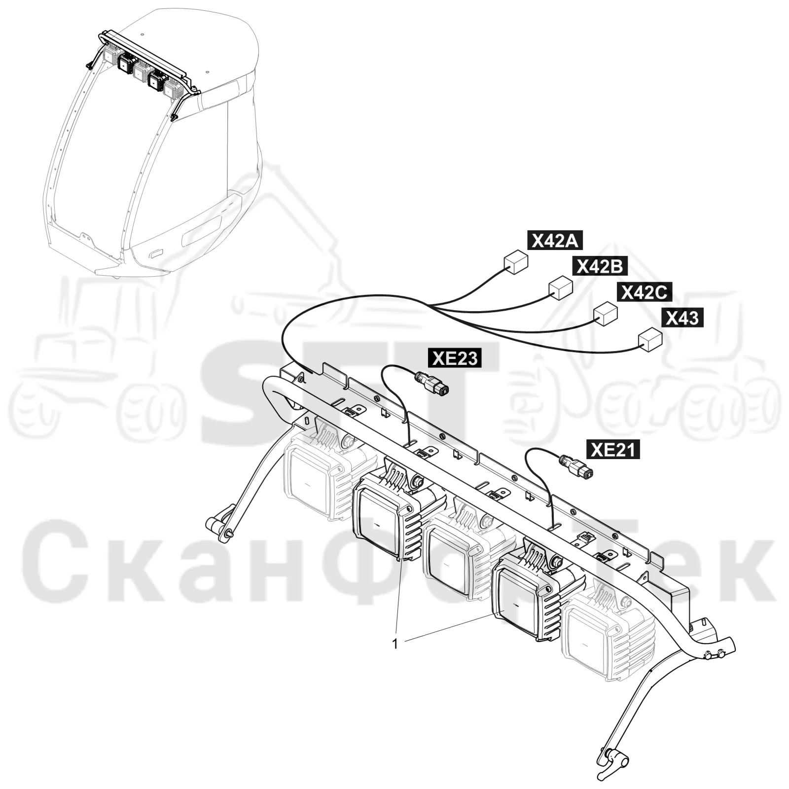 Схема: Komatsu / Лесозаготовительные машины / 931 S/N 9310021067- / Каталог запасных частей / Кабина / Кабина / Рабочие лампы LED / Flood light LED 9310021801-