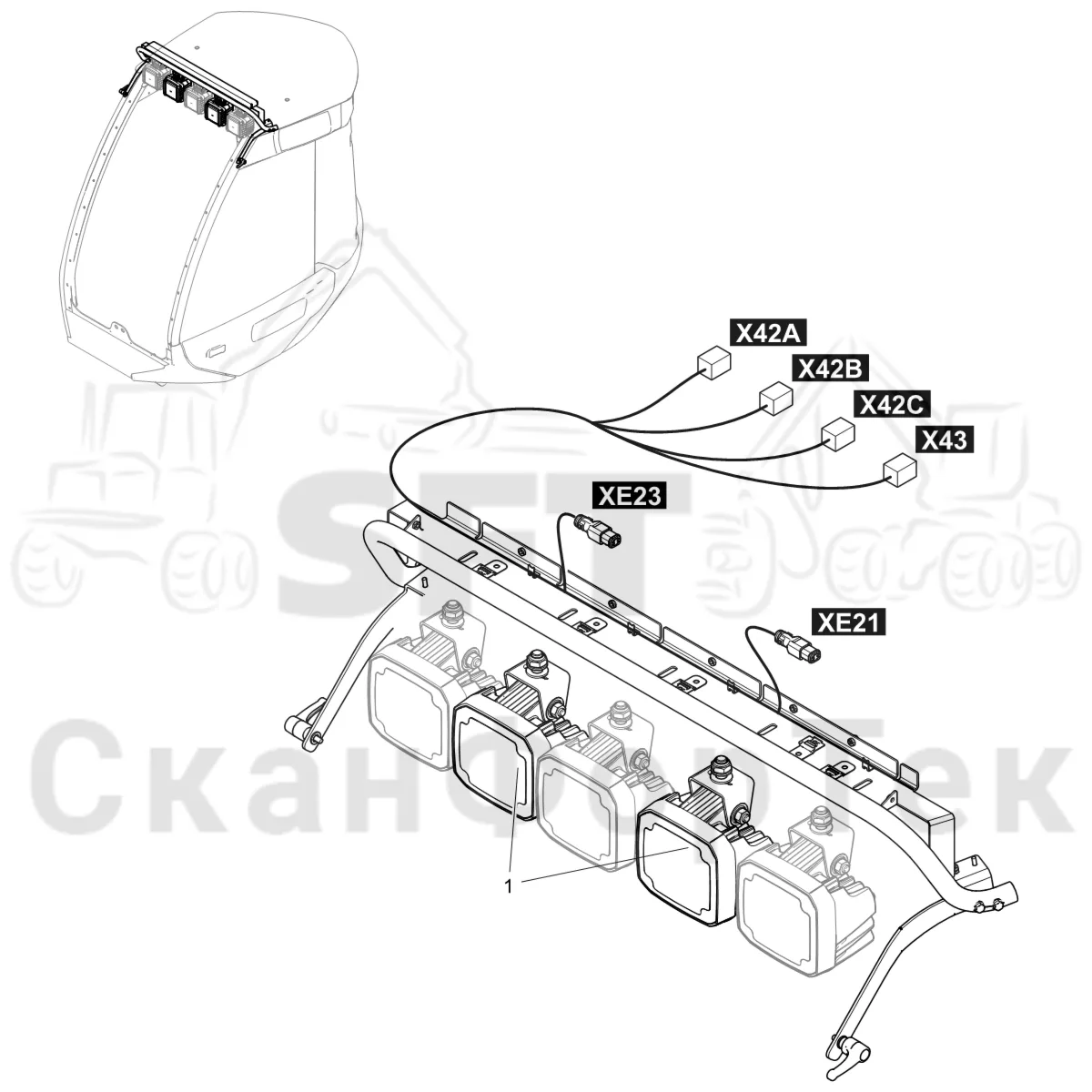 Схема: Komatsu / Лесозаготовительные машины / 931XC S/N 9313021208- / Каталог запасных частей / Кабина / Кабина / Рабочие лампы LED / Flood light LED