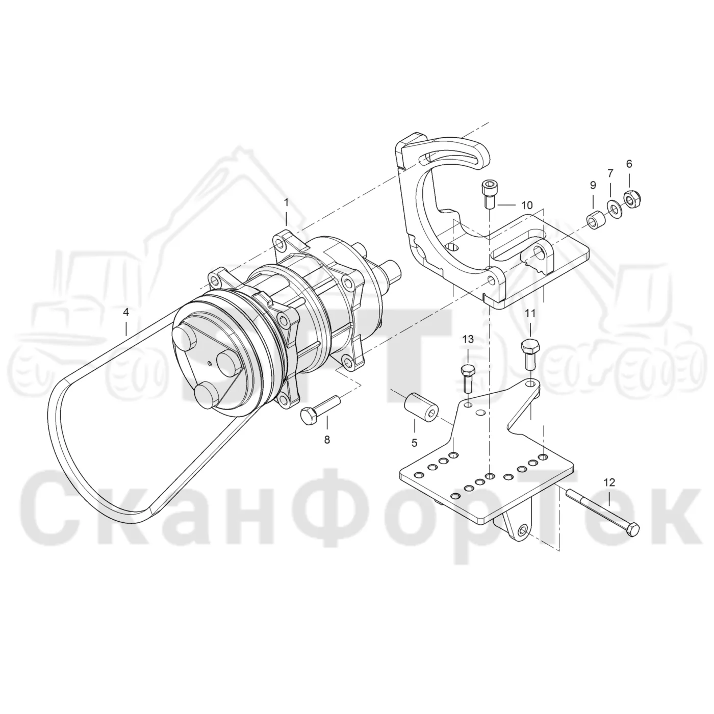 Схема: Komatsu / Форвардер / 855 S/N 8550022010- / Каталог запасных частей / Двигатель / Установка двигателя / Компресм3ор