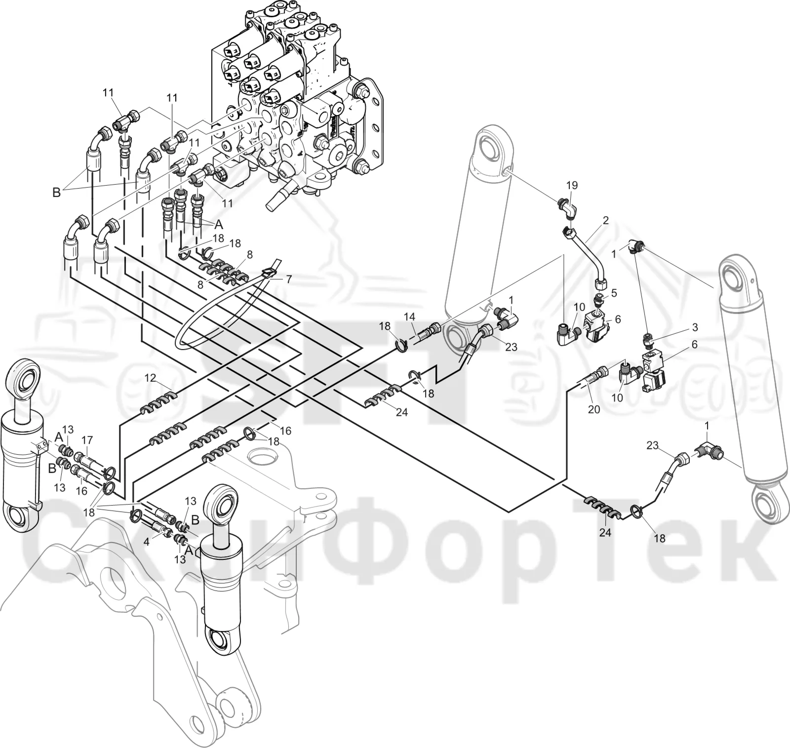 Схема: Komatsu / Лесозаготовительные машины / 931XC S/N 9313021208- / Каталог запасных частей / шасси / Оборудование наклона / Гидравлическое оборудование наклона