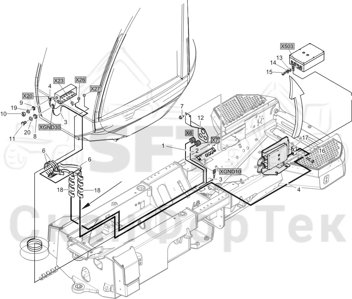 Схема: Komatsu / Лесозаготовительные машины / 931XC S/N 9313021208- / Каталог запасных частей / шасси / Электрический Оборудование / Комплект кабелей шасси