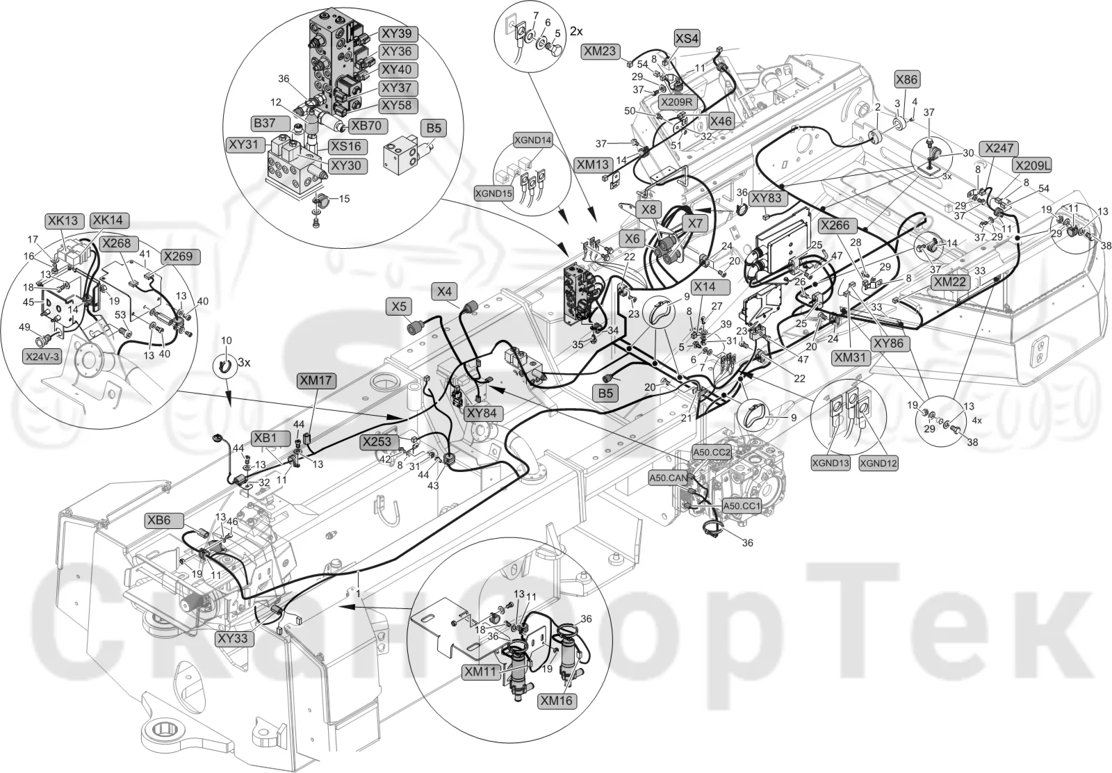 Схема: Komatsu / Лесозаготовительные машины / 931XC S/N 9313021208- / Каталог запасных частей / шасси / Электрический Оборудование / Комплект кабелей задний