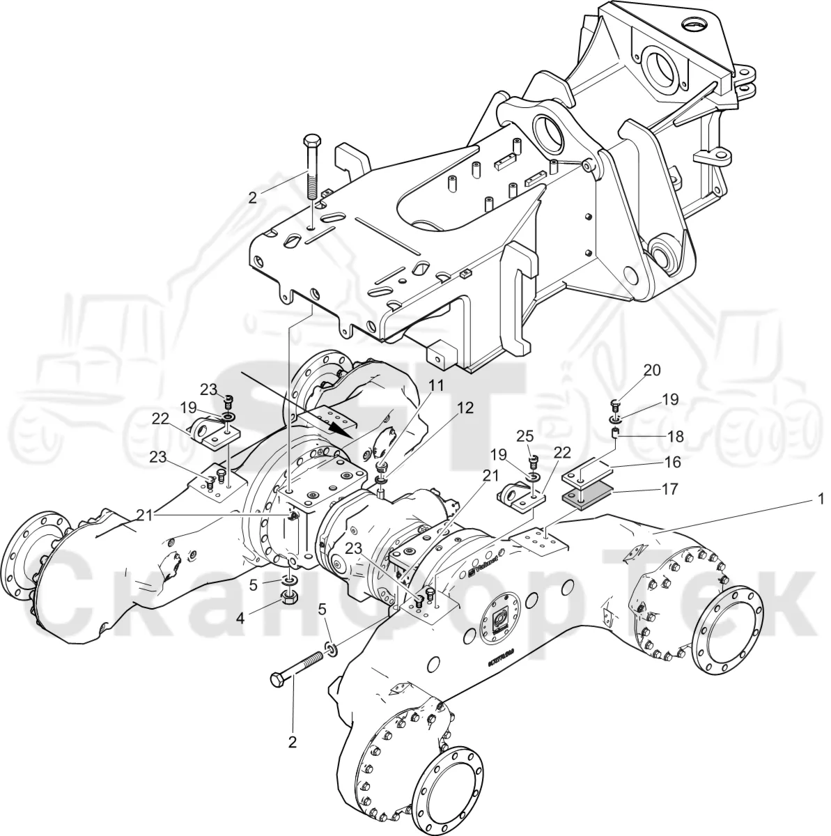 Схема: Komatsu / Лесозаготовительные машины / 931XC S/N 9313021208- / Каталог запасных частей / Коробка передач / каретки / Передний агрегат каретки