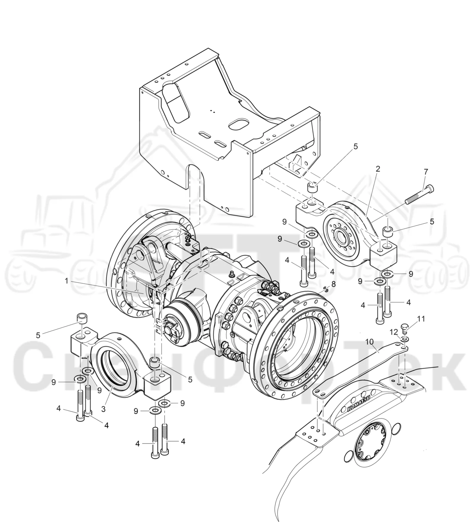 Схема: Komatsu / Лесозаготовительные машины / 931XC S/N 9313021208- / Каталог запасных частей / Коробка передач / каретки / Задний агрегат каретки