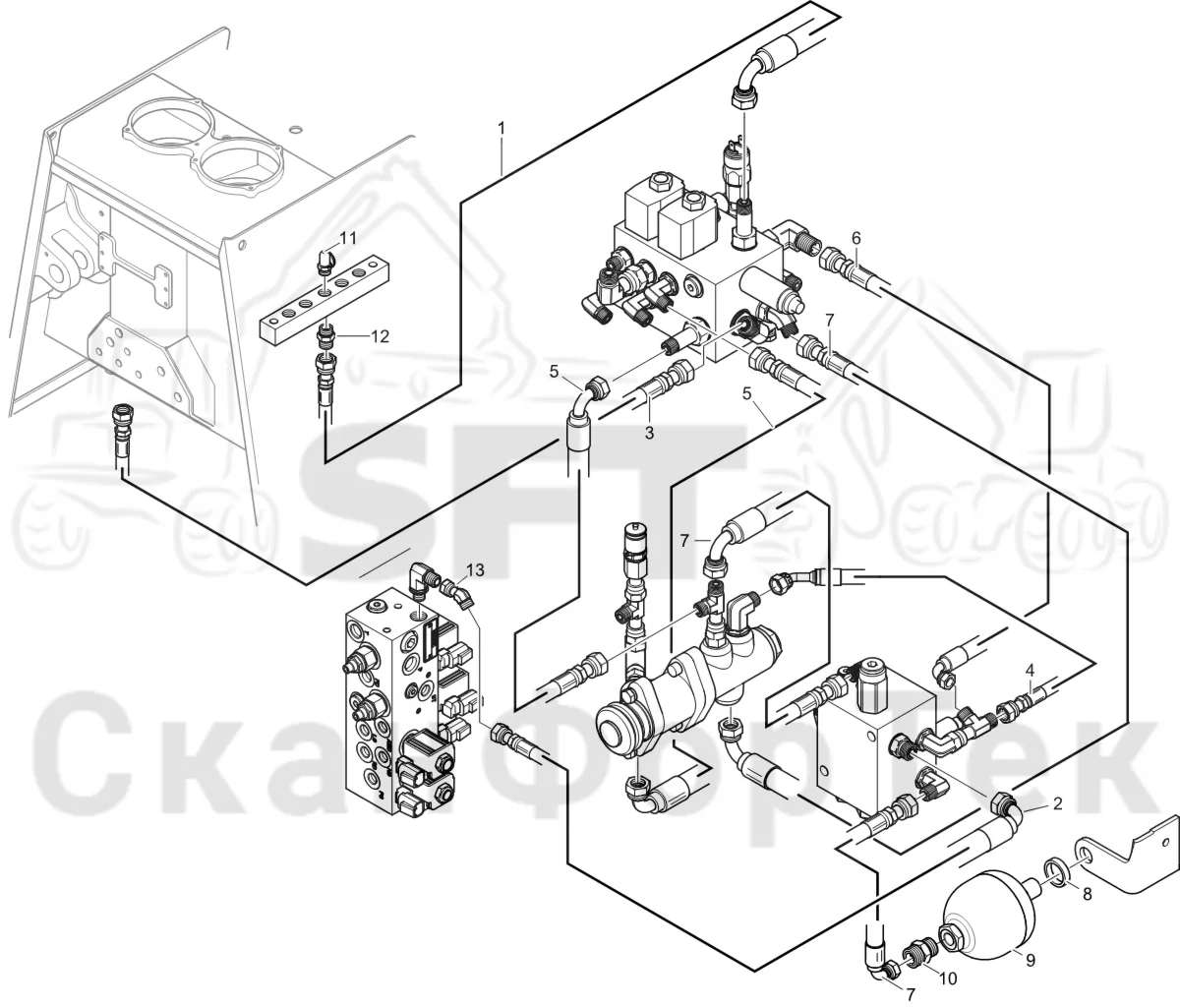 Схема: Komatsu / Лесозаготовительные машины / 931XC S/N 9313021208- / Каталог запасных частей / Тормоза / Тормоза на 8 колес / Аккумуляторная батарея