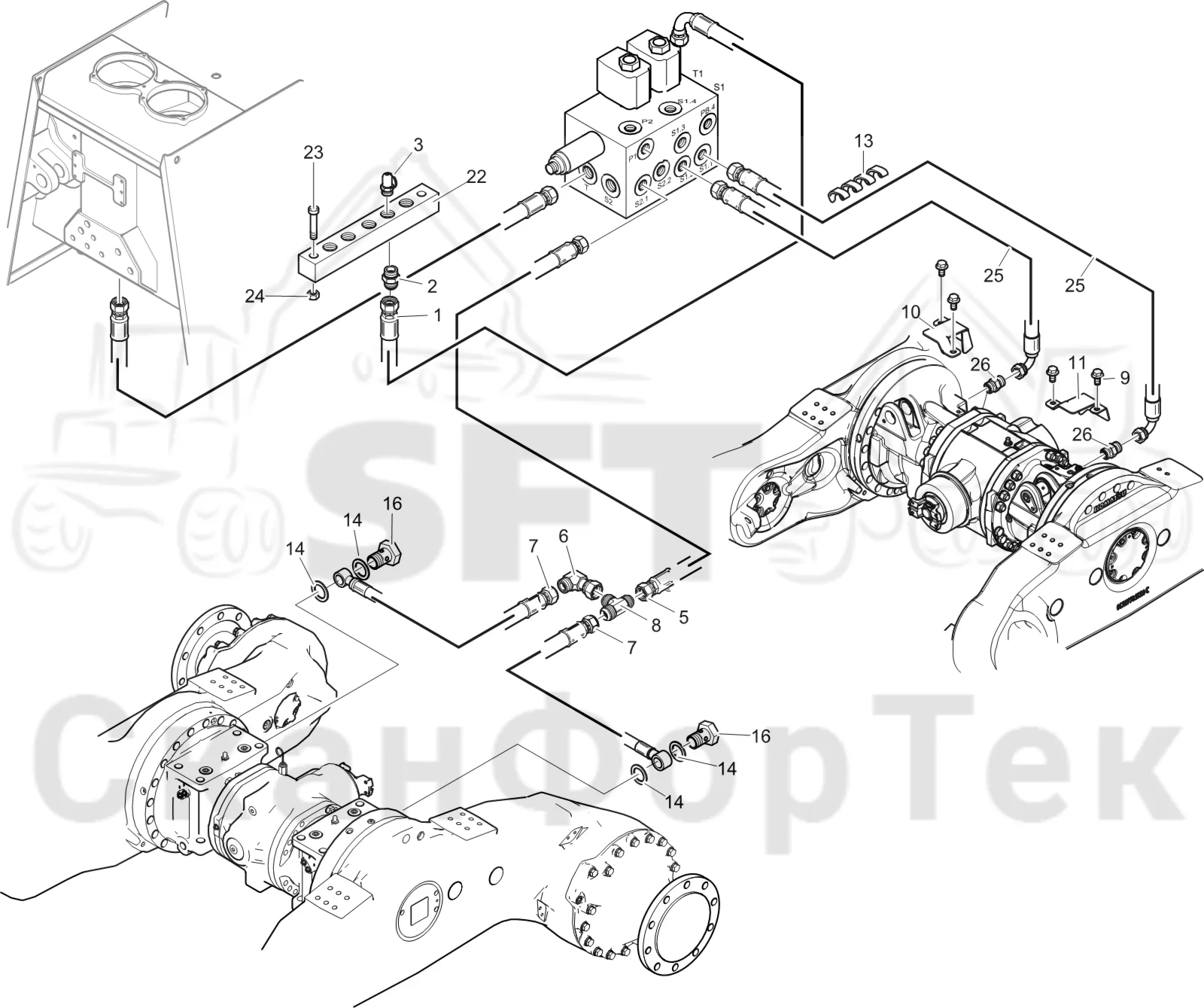 Схема: Komatsu / Лесозаготовительные машины / 931XC S/N 9313021208- / Каталог запасных частей / Тормоза / Тормоза на 8 колес / Тормозная система