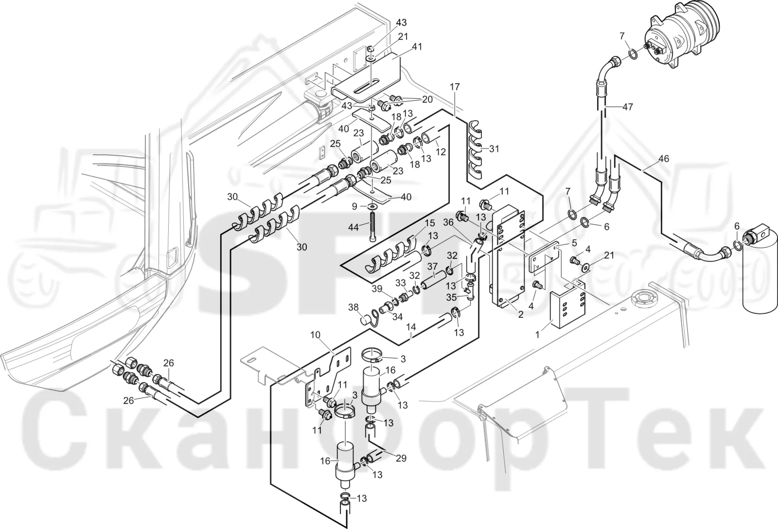 Схема: Komatsu / Лесозаготовительные машины / 931XC S/N 9313021208- / Каталог запасных частей / Кабина / Система обогрева и охлаждения / Охлаждение кабины
