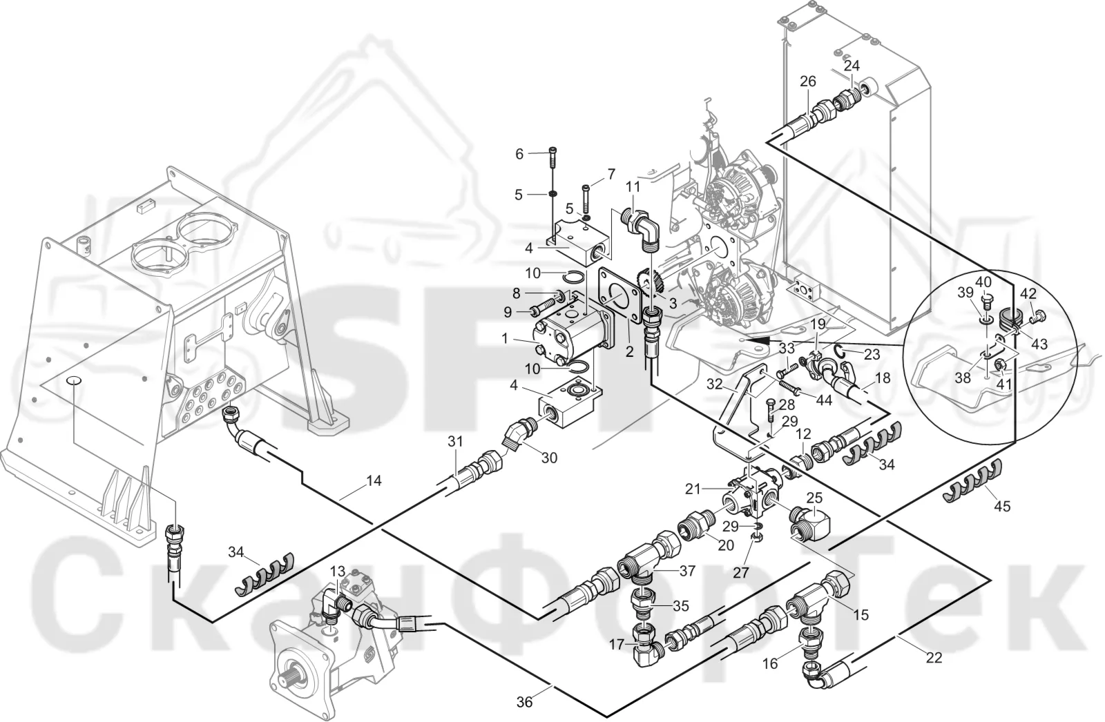 Схема: Komatsu / Лесозаготовительные машины / 901 S/N 9010053267- / Каталог запасных частей / Гидравлика / Система охлаждения масла / Охлаждение смазочного масла для гидравлических систем
