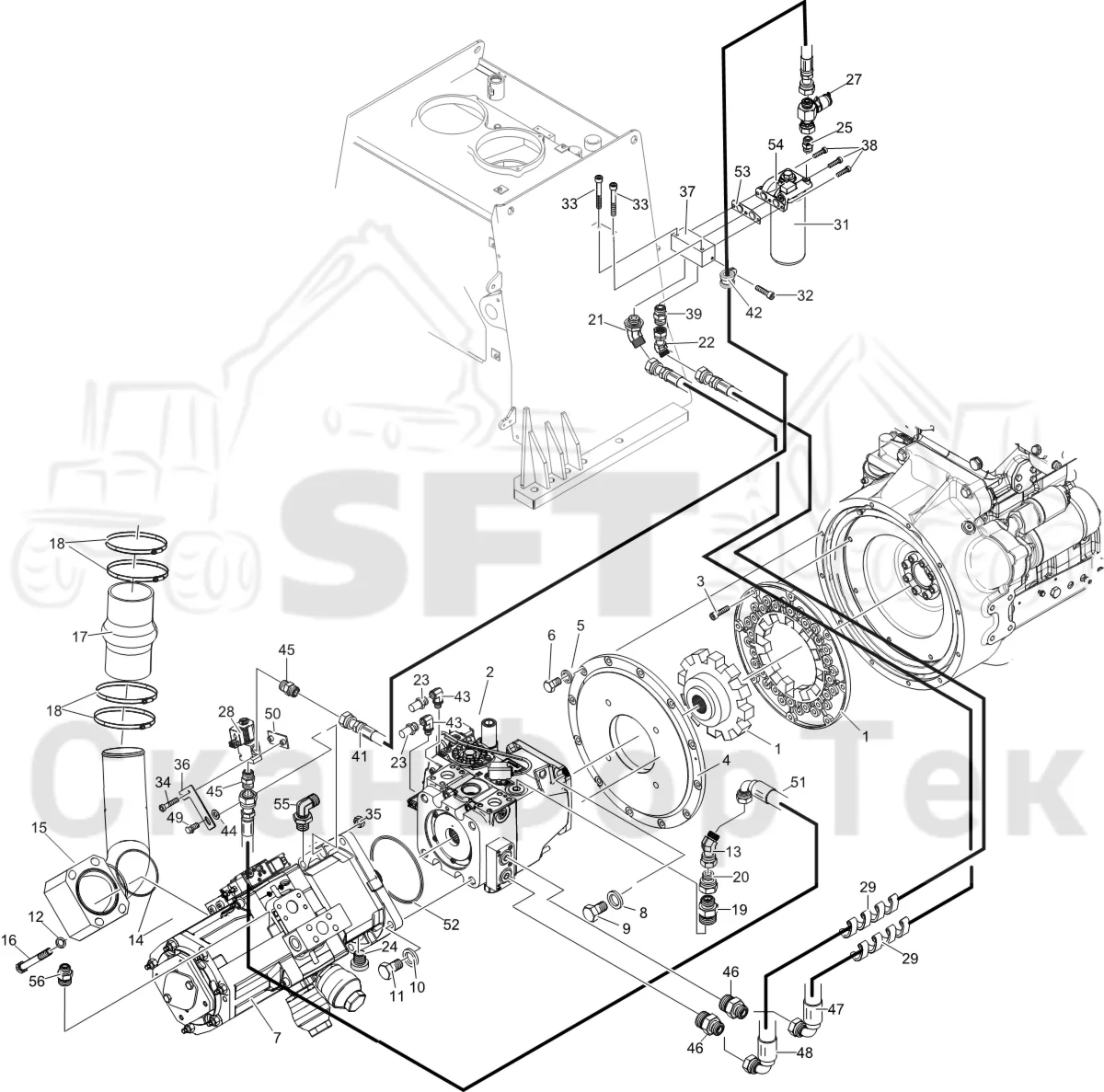 Схема: Komatsu / Лесозаготовительные машины / 931XC S/N 9313021208- / Каталог запасных частей / Гидравлика / Гидравлические насосы / Насосная установка
