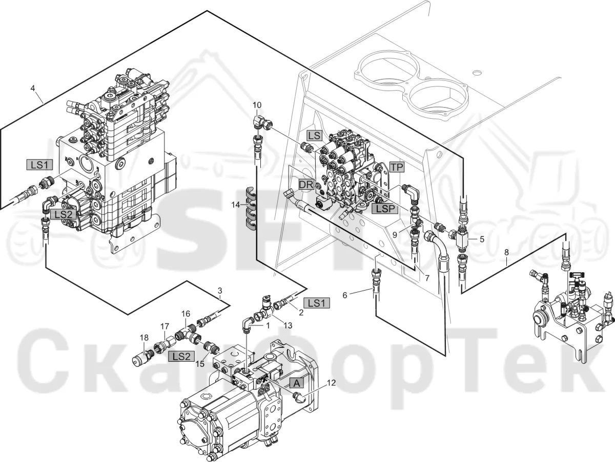 Схема: Komatsu / Лесозаготовительные машины / 931XC S/N 9313021208- / Каталог запасных частей / Гидравлика / Гидравлические насосы / Сигнал LS линии гидравлики