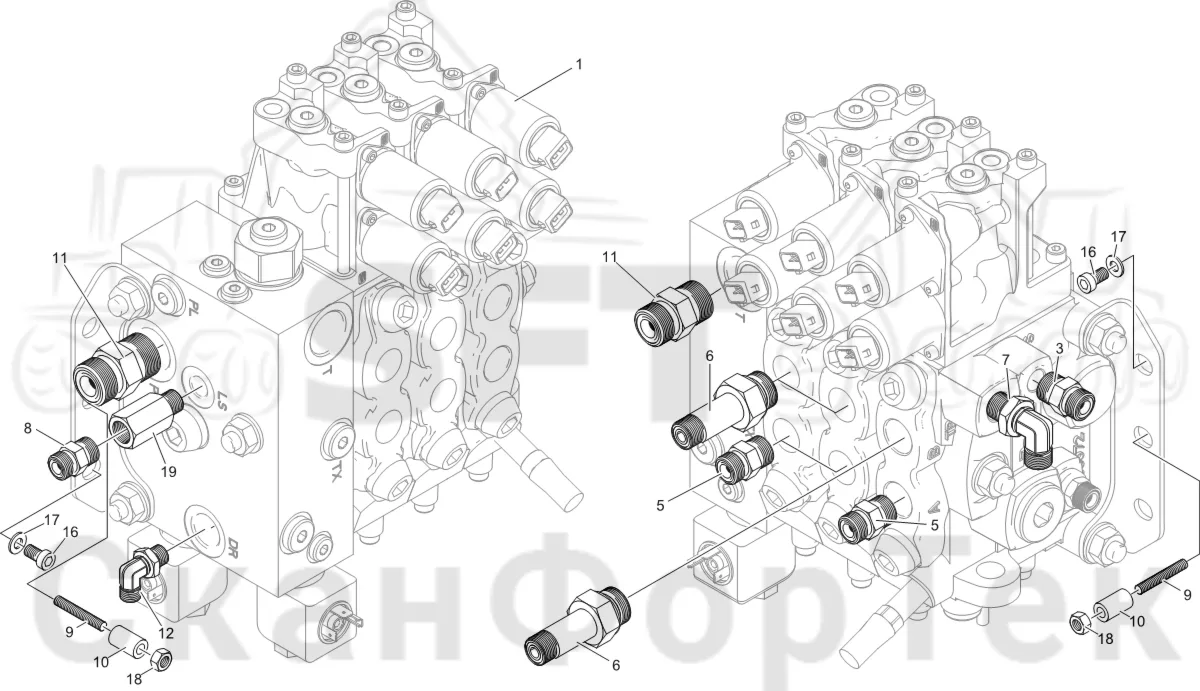 Схема: Komatsu / Лесозаготовительные машины / 931XC S/N 9313021208- / Каталог запасных частей / Гидравлика / Клапан шасси / Клапан шасси