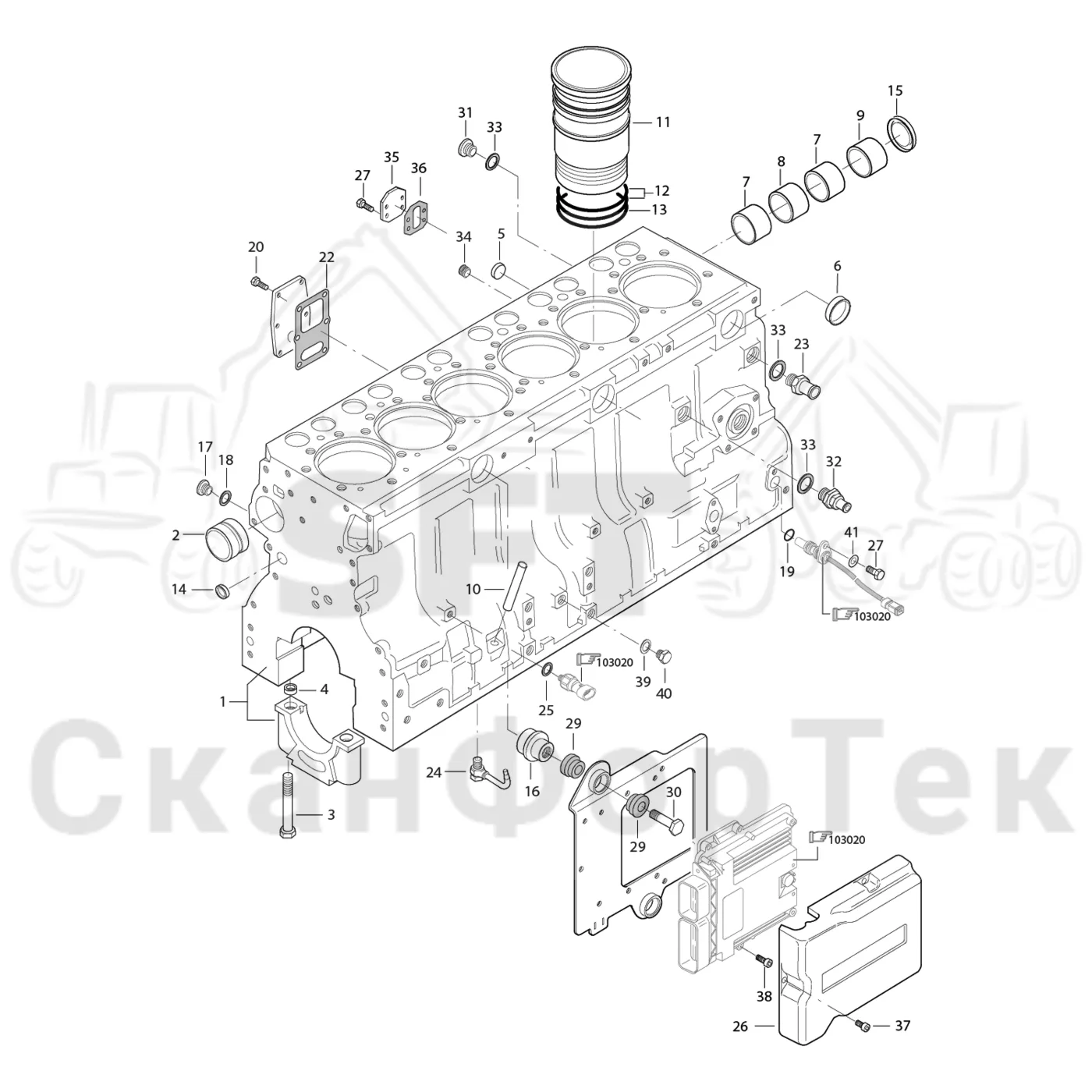 Схема: Komatsu / Лесозаготовительные машины / 931.1 / Каталог запасных частей / Двигатель / Stage 3 B/TIER 4 Interim / Блок двигателя / Блок цилиндров