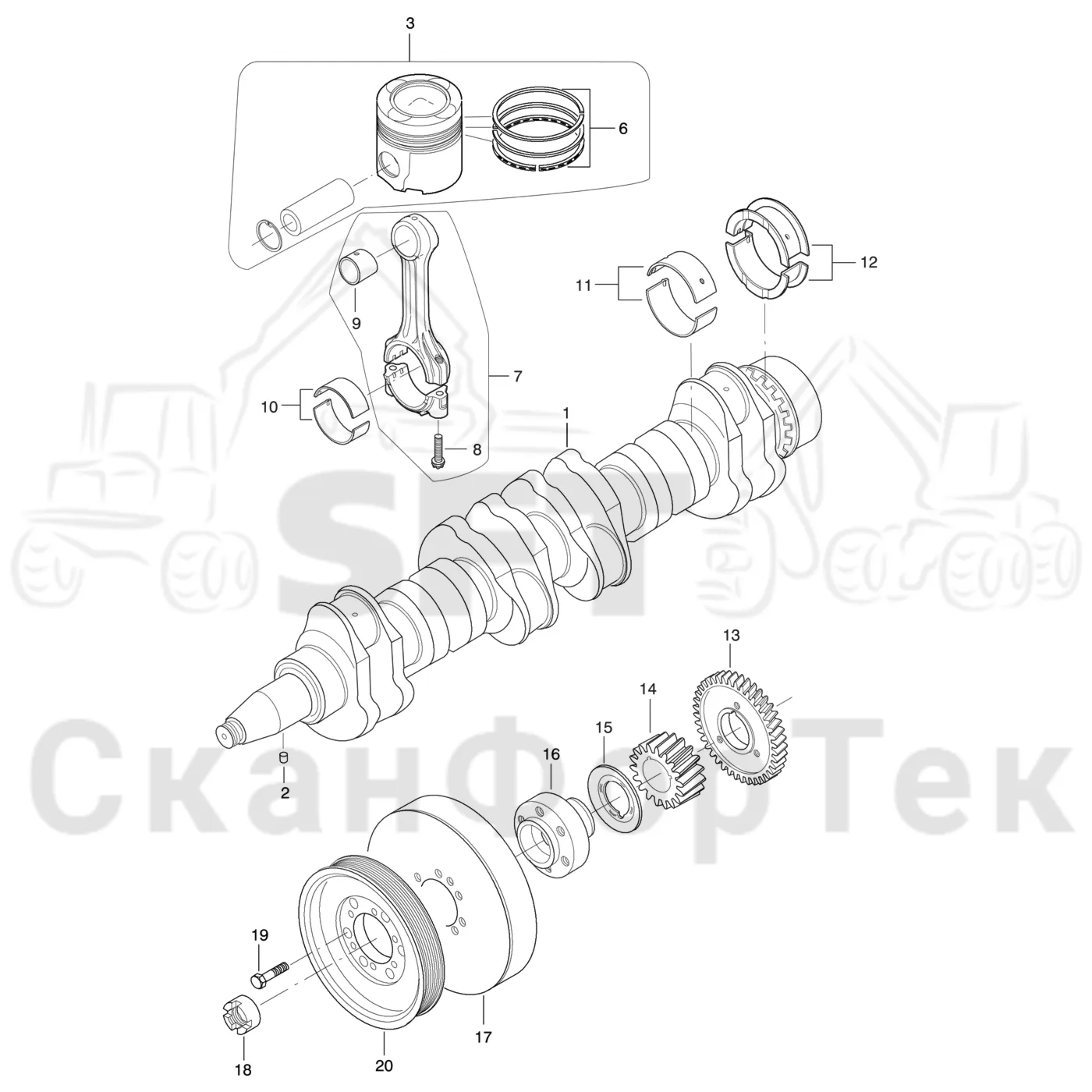 Схема: Komatsu / Форвардер / 865 / Каталог запасных частей / Двигатель / Stage 3 B/TIER 4 Interim / Блок двигателя / Коленвал