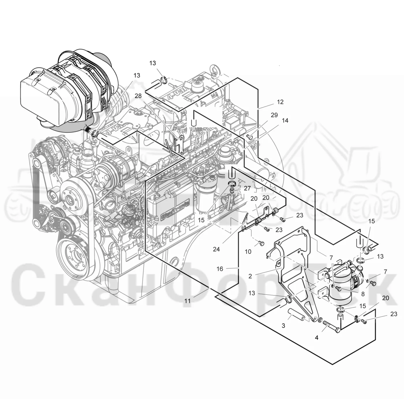 Схема: Komatsu / Лесозаготовительные машины / 901TX .1 / Каталог запасных частей / Двигатель / Stage 3 B/TIER 4 Interim / Блок двигателя / Сапун картера