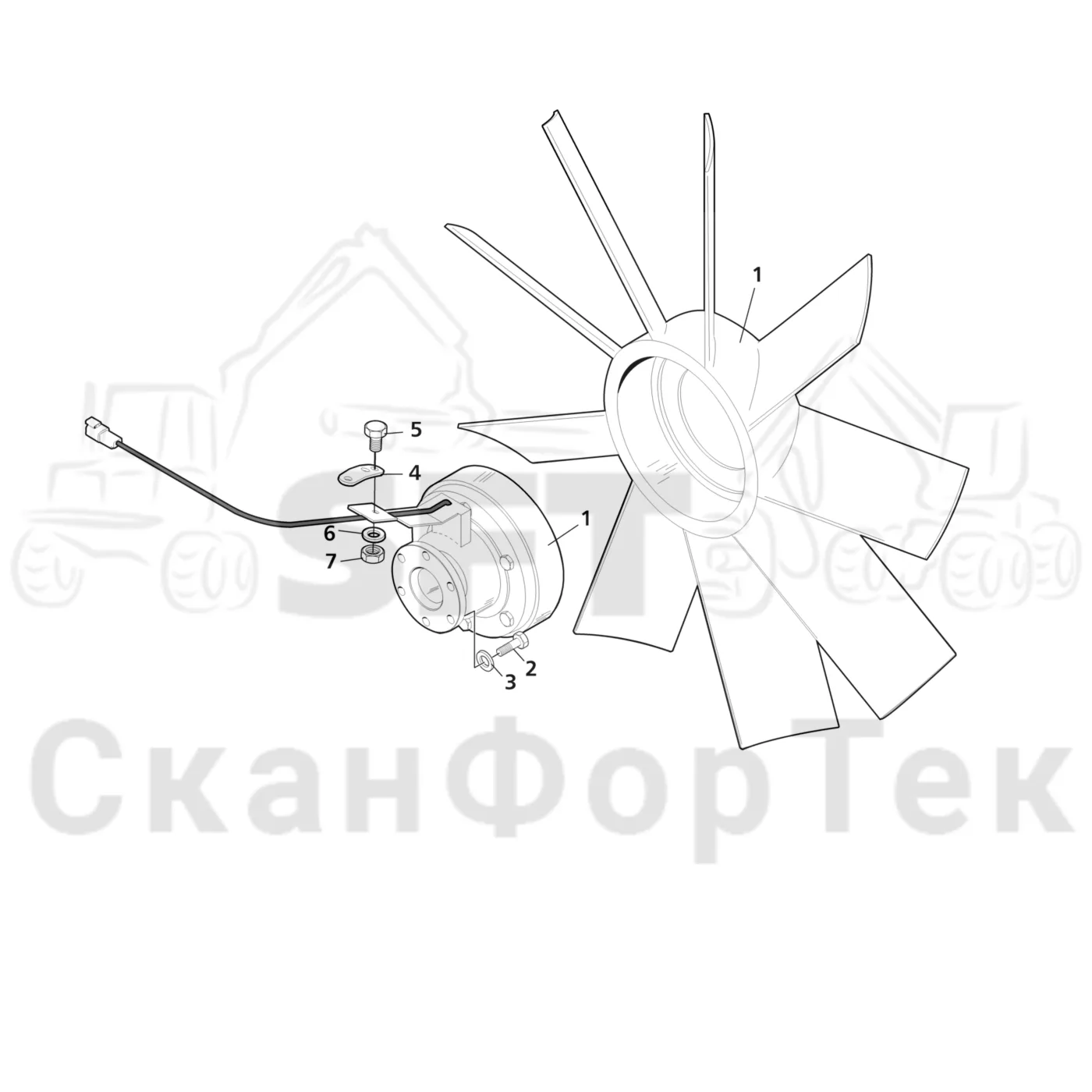 Схема: Komatsu / Лесозаготовительные машины / 901TX .1 / Каталог запасных частей / Двигатель / Stage 2 / TIER 2 / Система охлаждения / Fan electric controlled 9011000151-