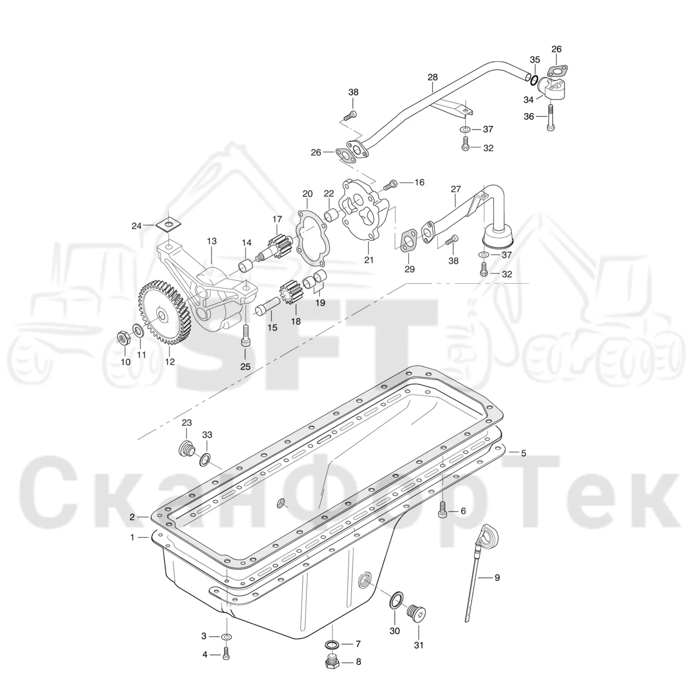 Схема: Komatsu / Форвардер / 855.1 / 855.1 / Каталог запасных частей / Двигатель / Stage 2 / TIER 2 / Система смазки / Маслоотстойник