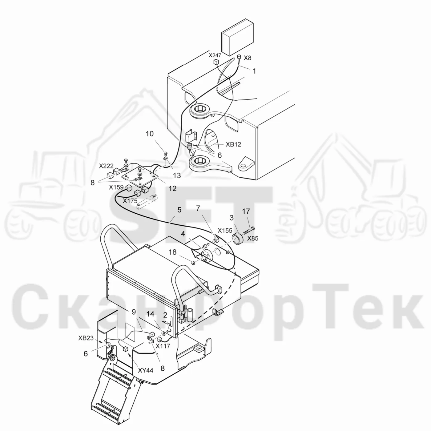 Схема: Komatsu / Лесозаготовительные машины / 931.1 / Каталог запасных частей / шасси / Электрический Оборудование / Комплект кабелей передней рамы / Комплект кабелей передней рамы