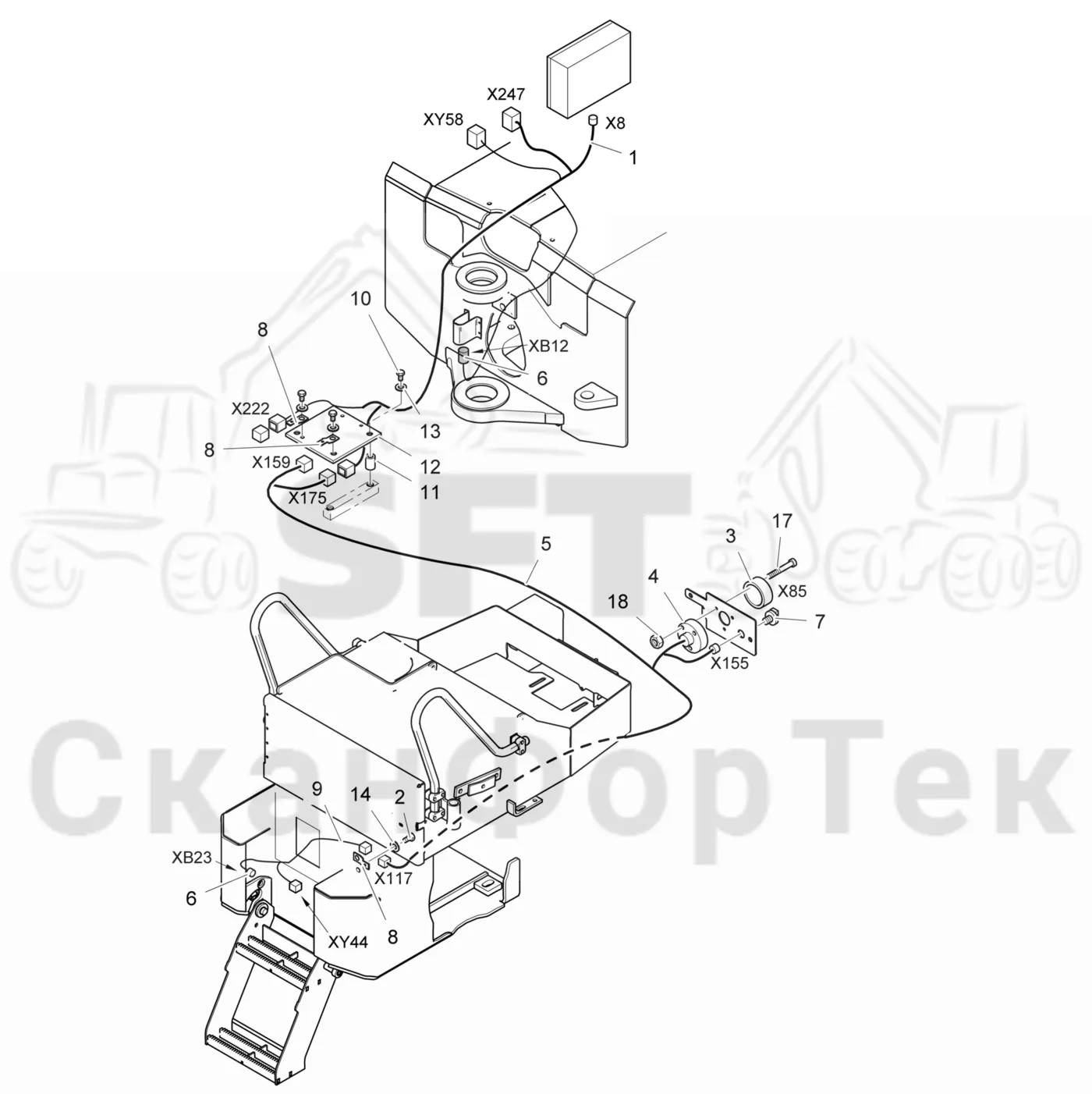 Схема: Komatsu / Лесозаготовительные машины / 901TX .1 / Каталог запасных частей / шасси / Электрический Оборудование / Комплект кабелей передней рамы  / Комплект кабелей передней рамы Urea