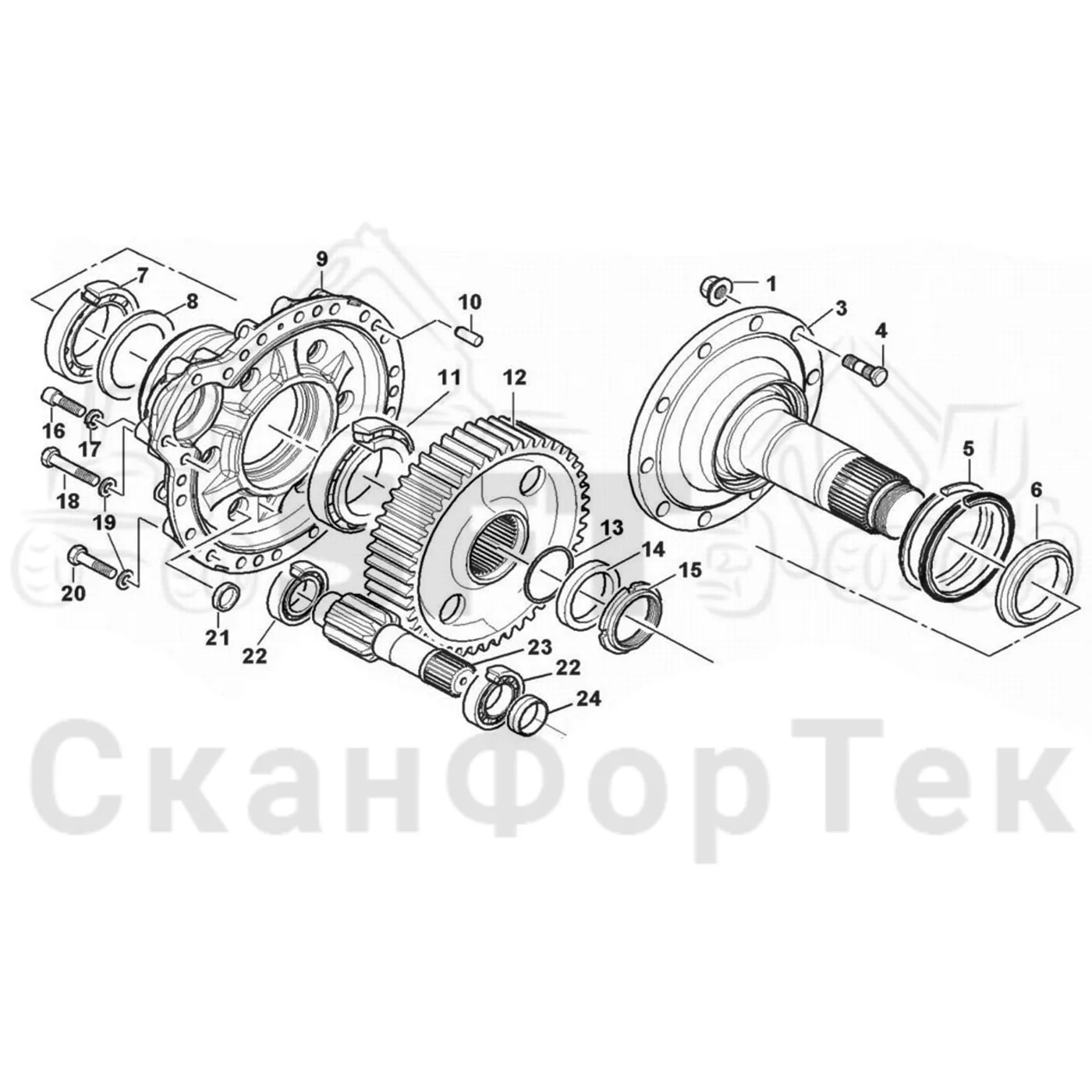 Схема: Komatsu / Лесозаготовительные машины / 911.4 / Каталог запасных частей / Коробка передач / каретки / Корпус каретки / Ось колеса