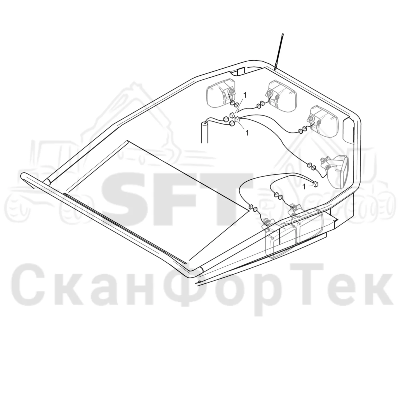 Схема: Komatsu / Лесозаготовительные машины / 901TX .1 / Каталог запасных частей / Кабина / Кабина / Рабочие лампы LED / Проводка