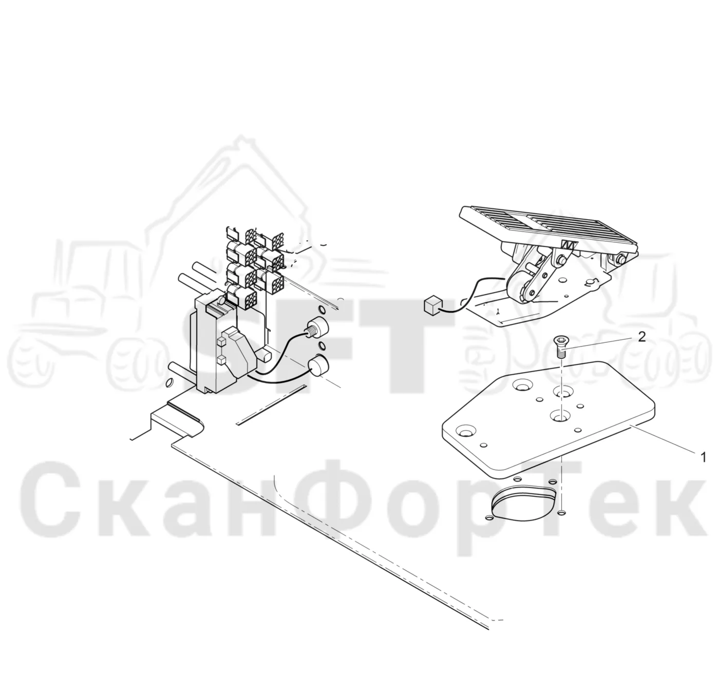 Схема: Komatsu / Лесозаготовительные машины / 911.4 / Каталог запасных частей / Кабина / Салон / Панель электрооборудования / Педаль