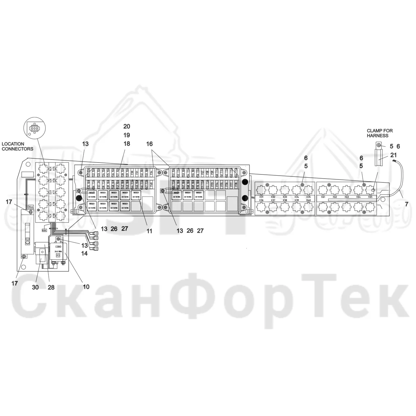 Схема: Komatsu / Лесозаготовительные машины / 911.5 / Каталог запасных частей / Кабина / Салон / Панель электрооборудования 9110051291- / Запасные части, панель