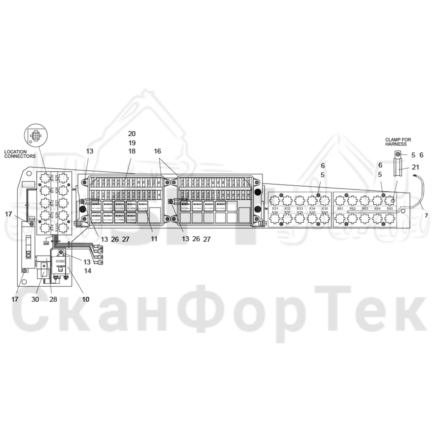 Схема: Komatsu / Лесозаготовительные машины / 911.5 / Каталог запасных частей / Кабина / Салон / Панель электрооборудования 9110051411- / Запасные части, панель