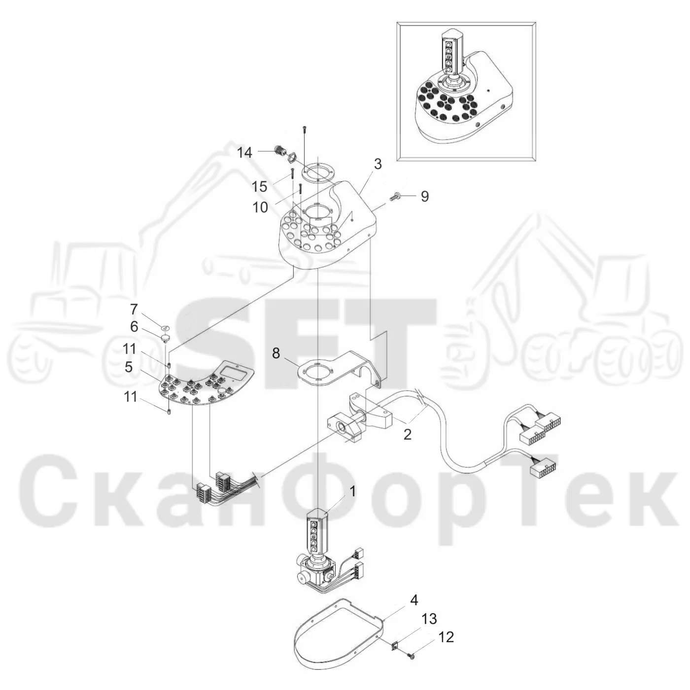 Схема: Komatsu / Лесозаготовительные машины / 931 / Каталог запасных частей / Система управления / Регулятор / Электрический набор Малогабаритные рычаги / Рычаги управления левый
