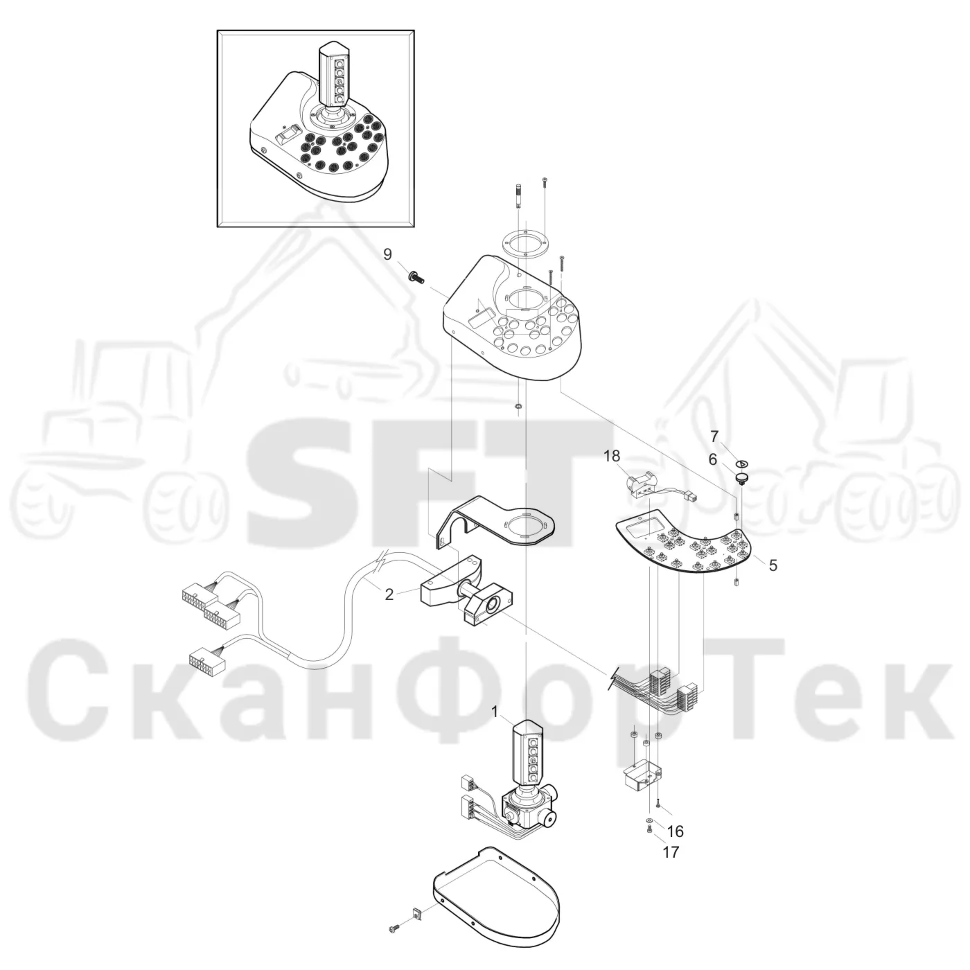 Схема: Komatsu / Лесозаготовительные машины / 901TX / Каталог запасных частей / Система управления / Регулятор / Электрический набор Малогабаритные рычаги / Рычаги управления правый